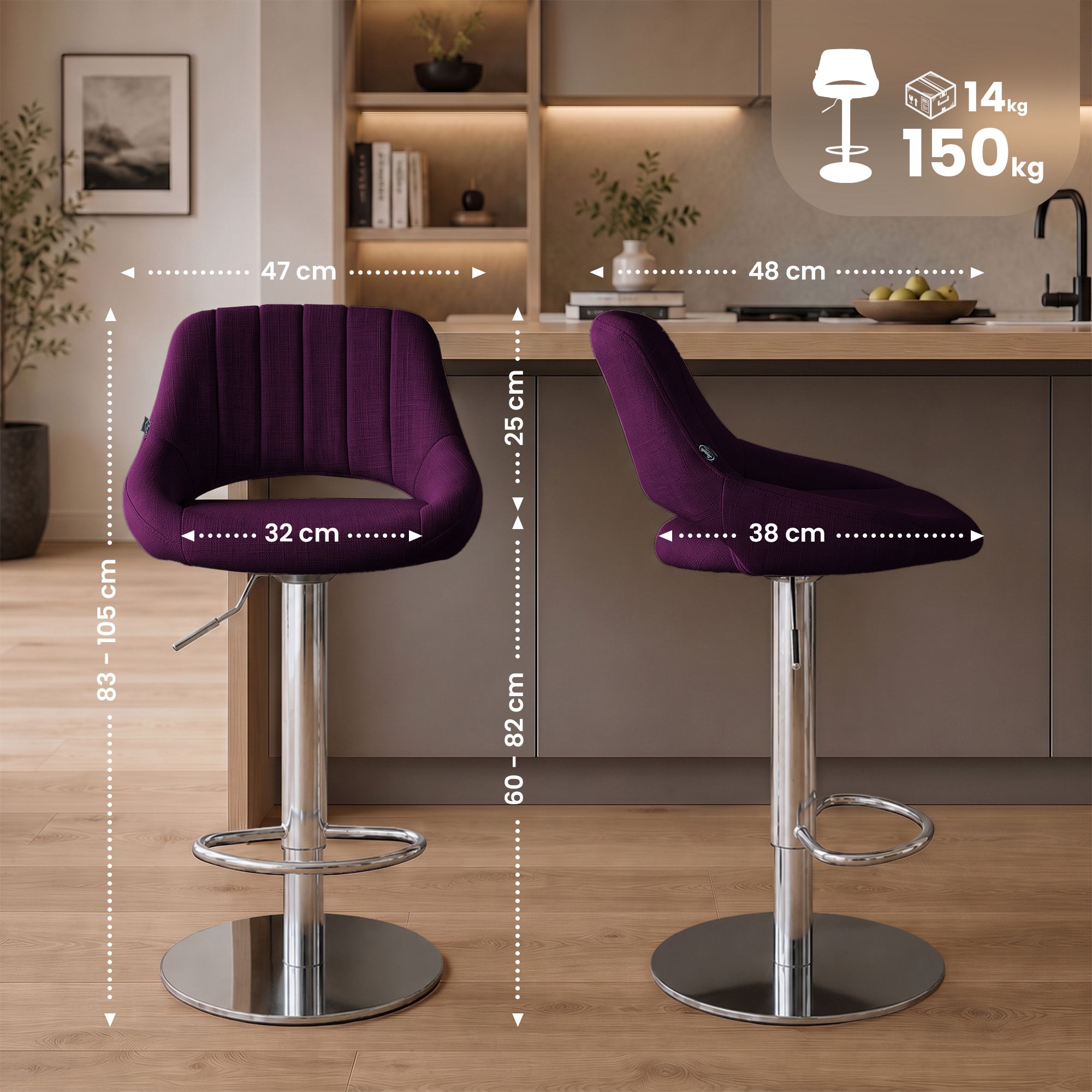 2er Set Barhocker Milet Chrom mit extra schweren Standfüßen lila Stoff