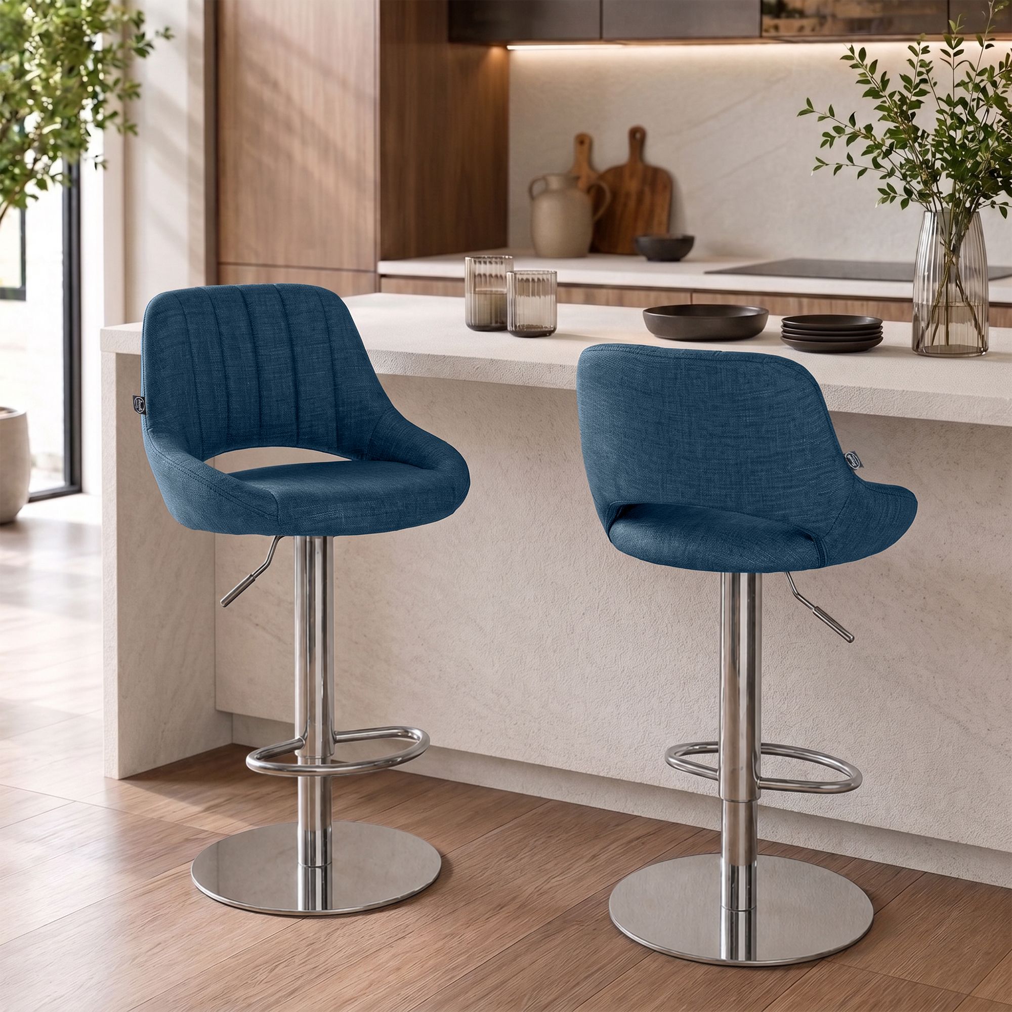2er Set Barhocker Milet Chrom mit extra schweren Standfüßen blau Stoff