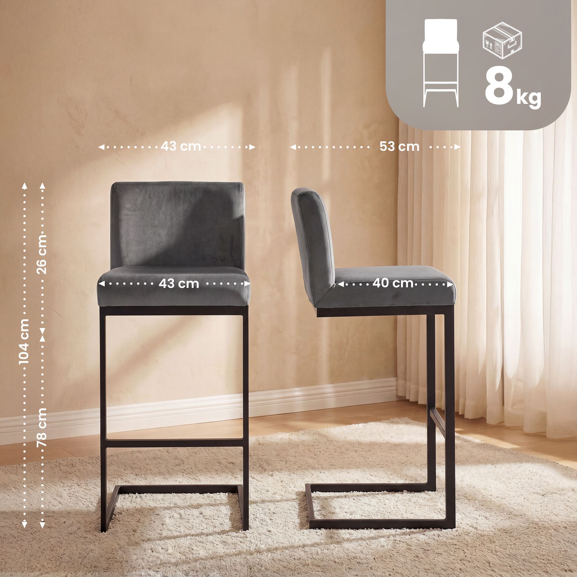 2er Set Barhocker Hopewell Samt dunkelgrau