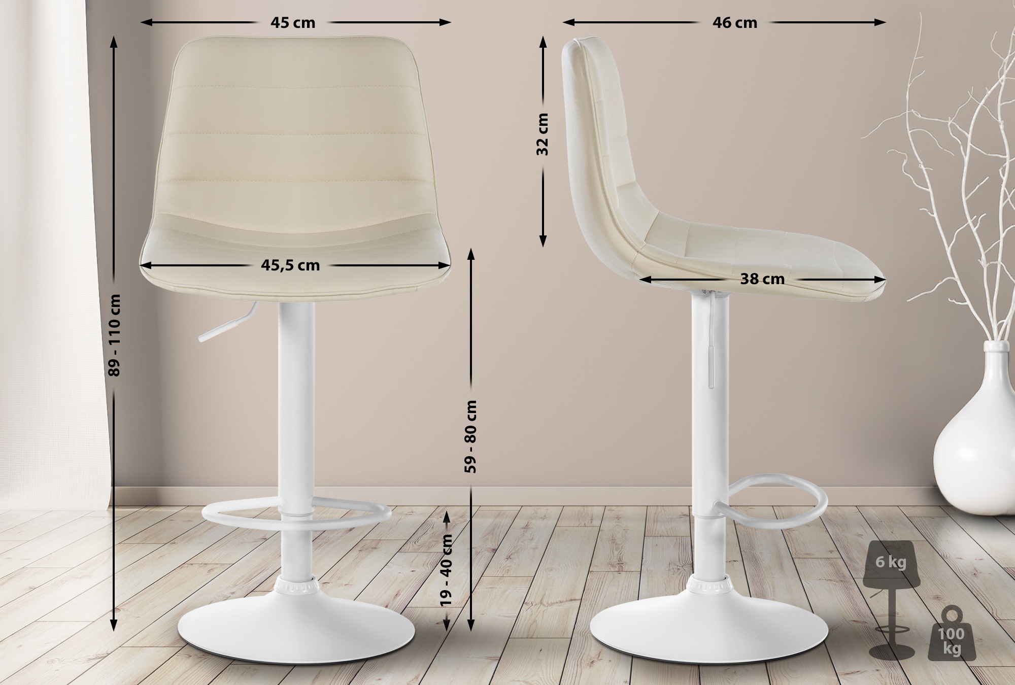 2er Set Barhocker Lex Kunstleder Metall matt weiss creme