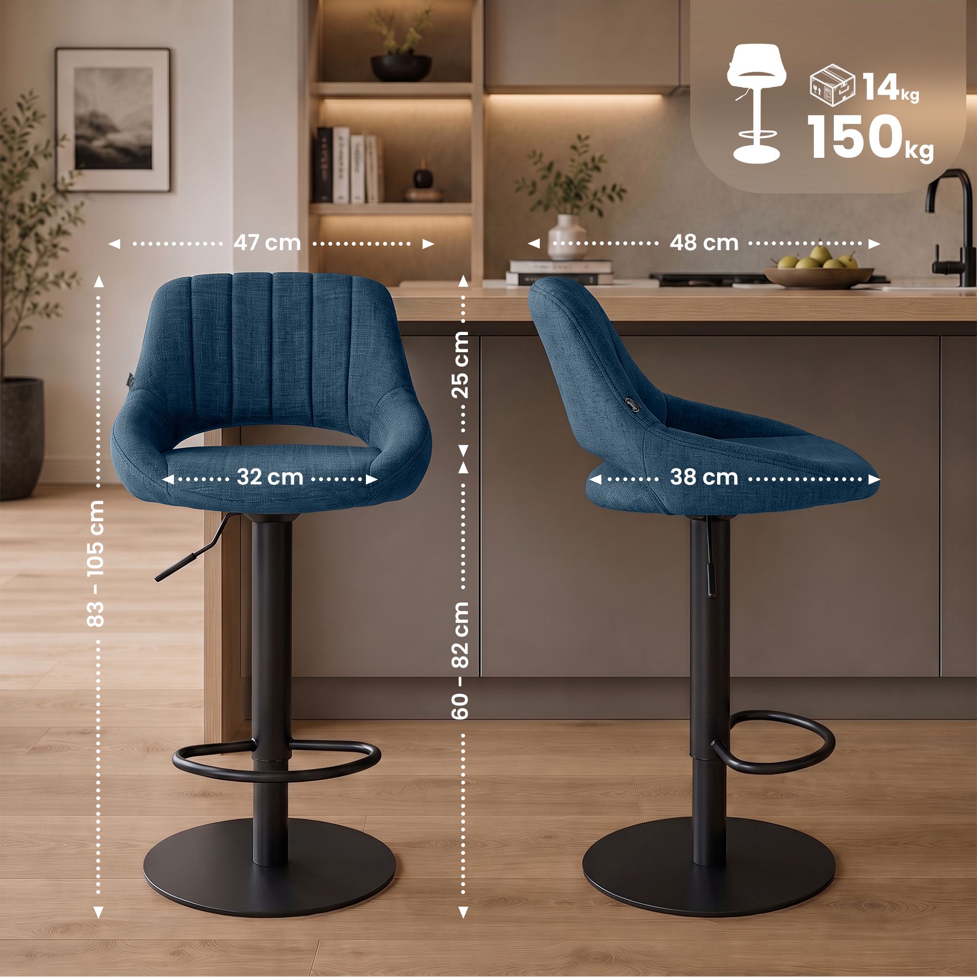 2er Set Barhocker Milet Schwarz mit extra schweren Standfüßen blau Stoff