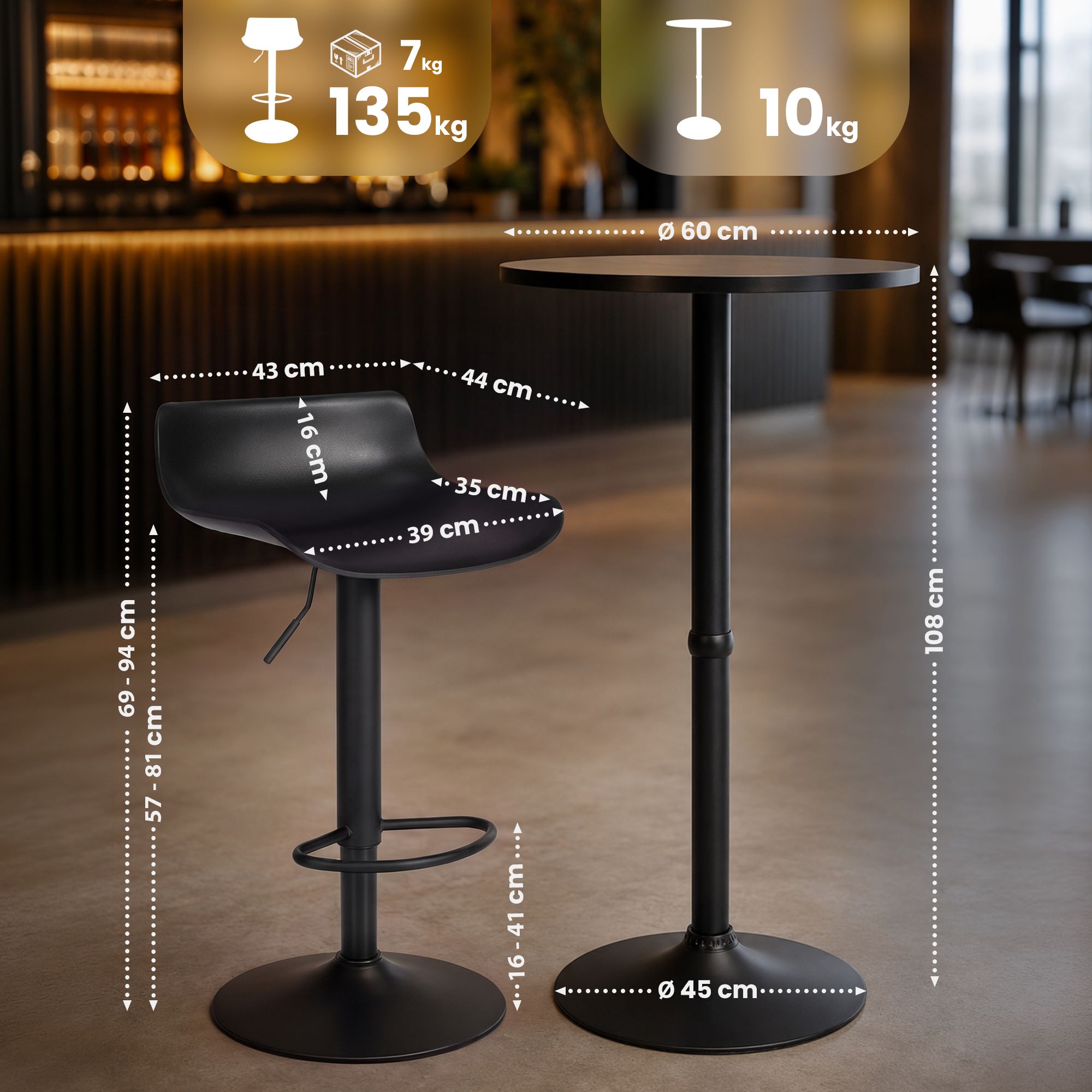 Bartisch-Set Navo mit zwei Barhockern schwarz