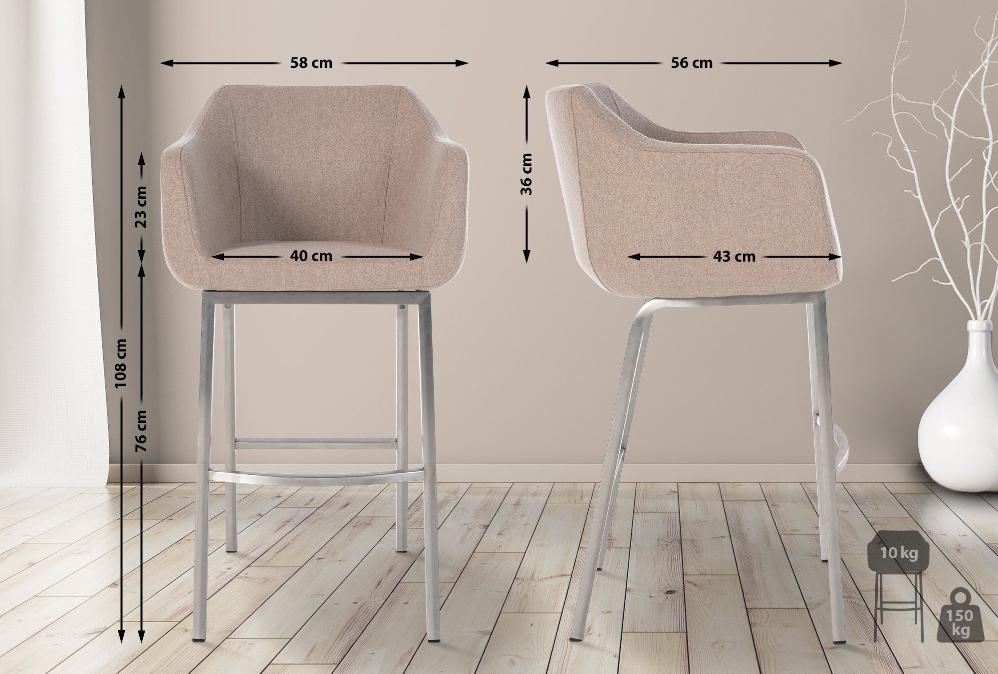 Barhocker Monea Filz mit Vierfußgestell taupe edelstahl