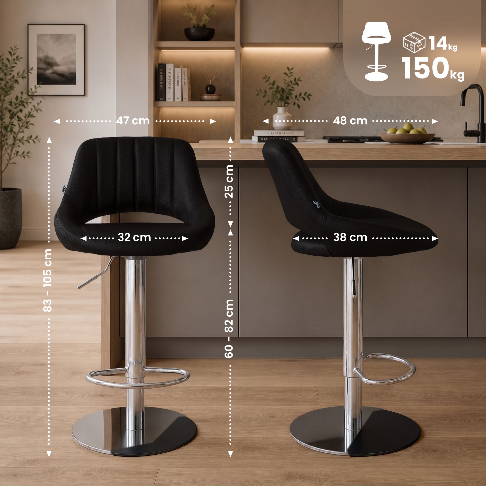 2er Set Barhocker Milet Chrom mit extra schweren Standfüßen schwarz Kunstleder