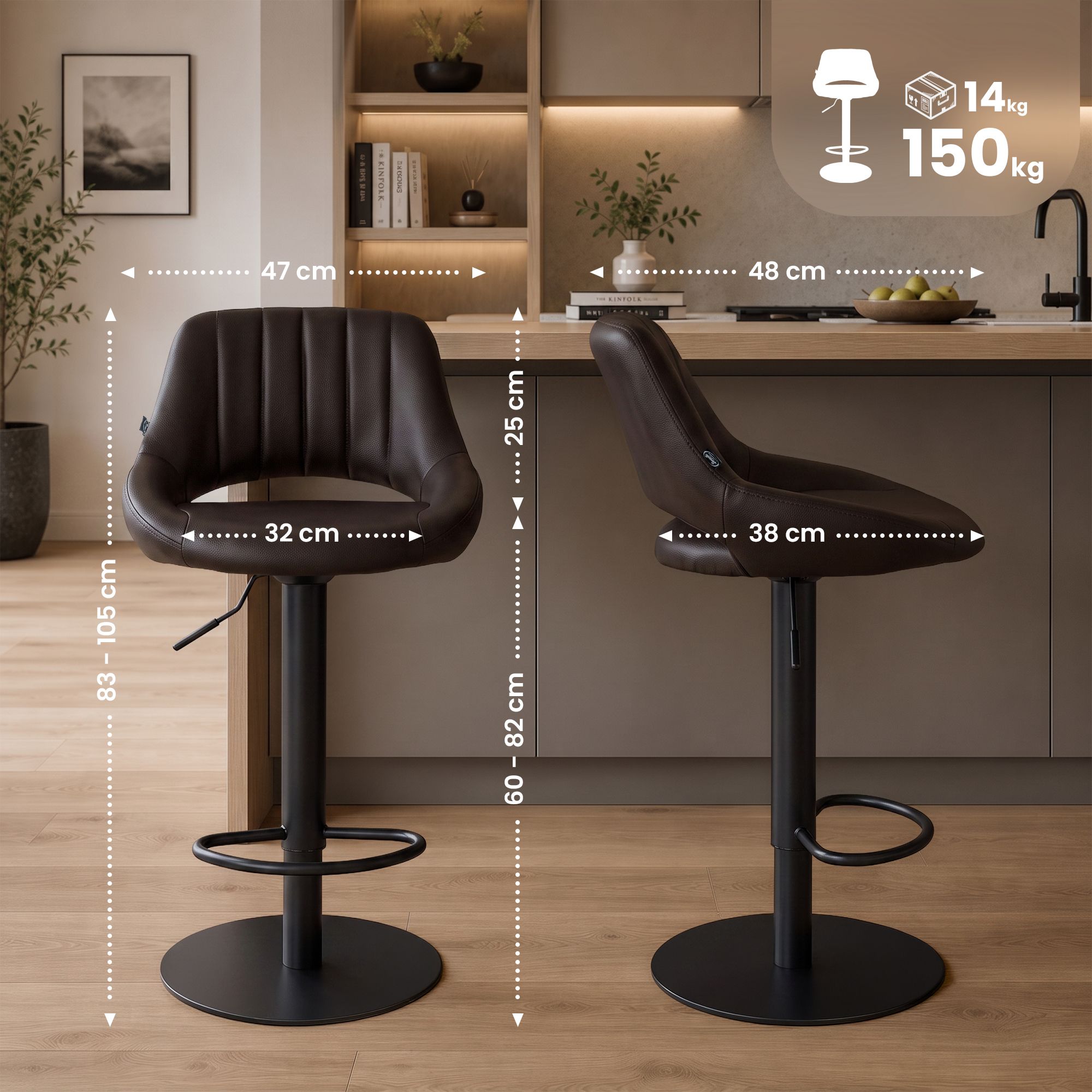 Barhocker Milet Schwarz mit extra schwerem Standfuß braun Kunstleder
