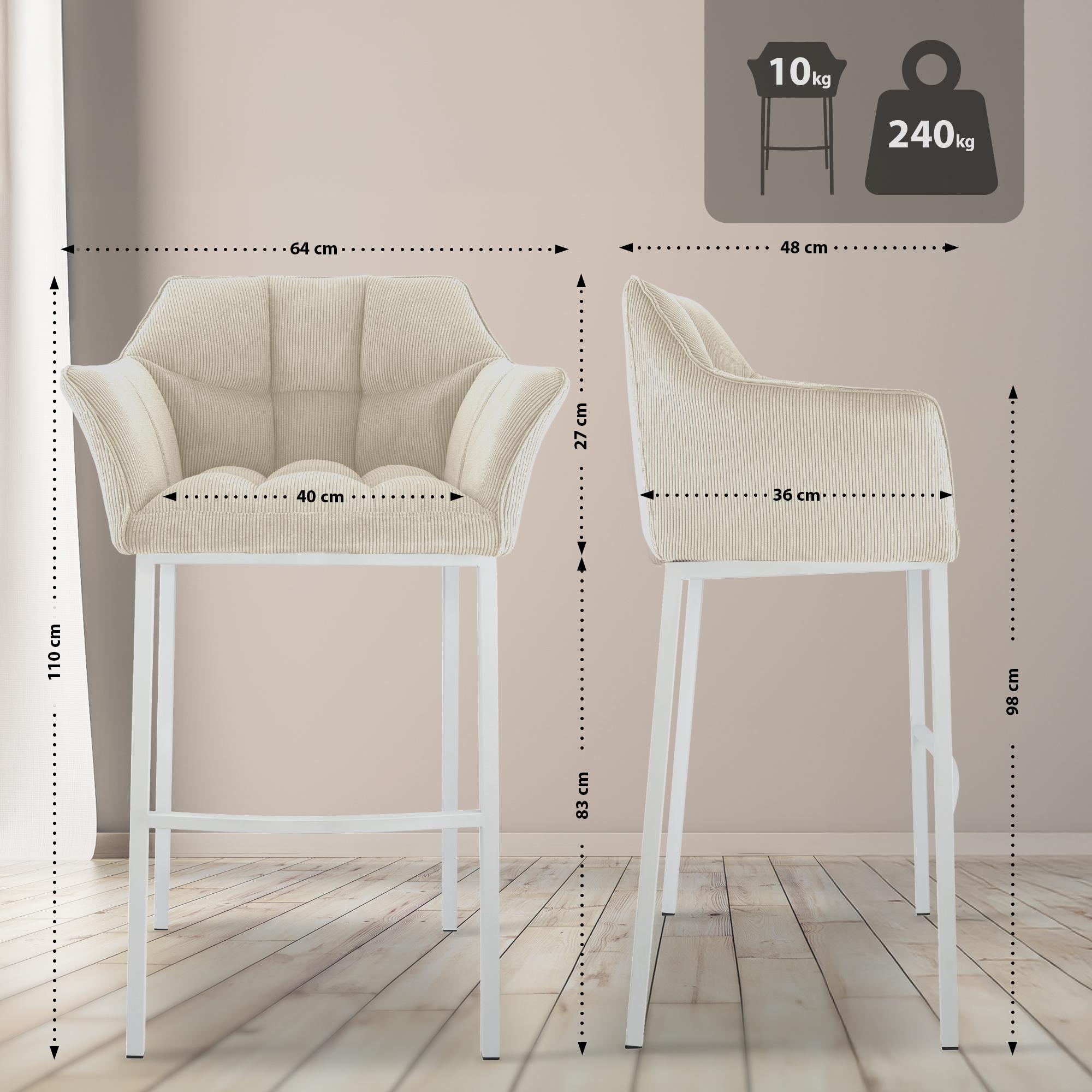 Barhocker Damaso Cord mit Vierfußgestell creme weiß