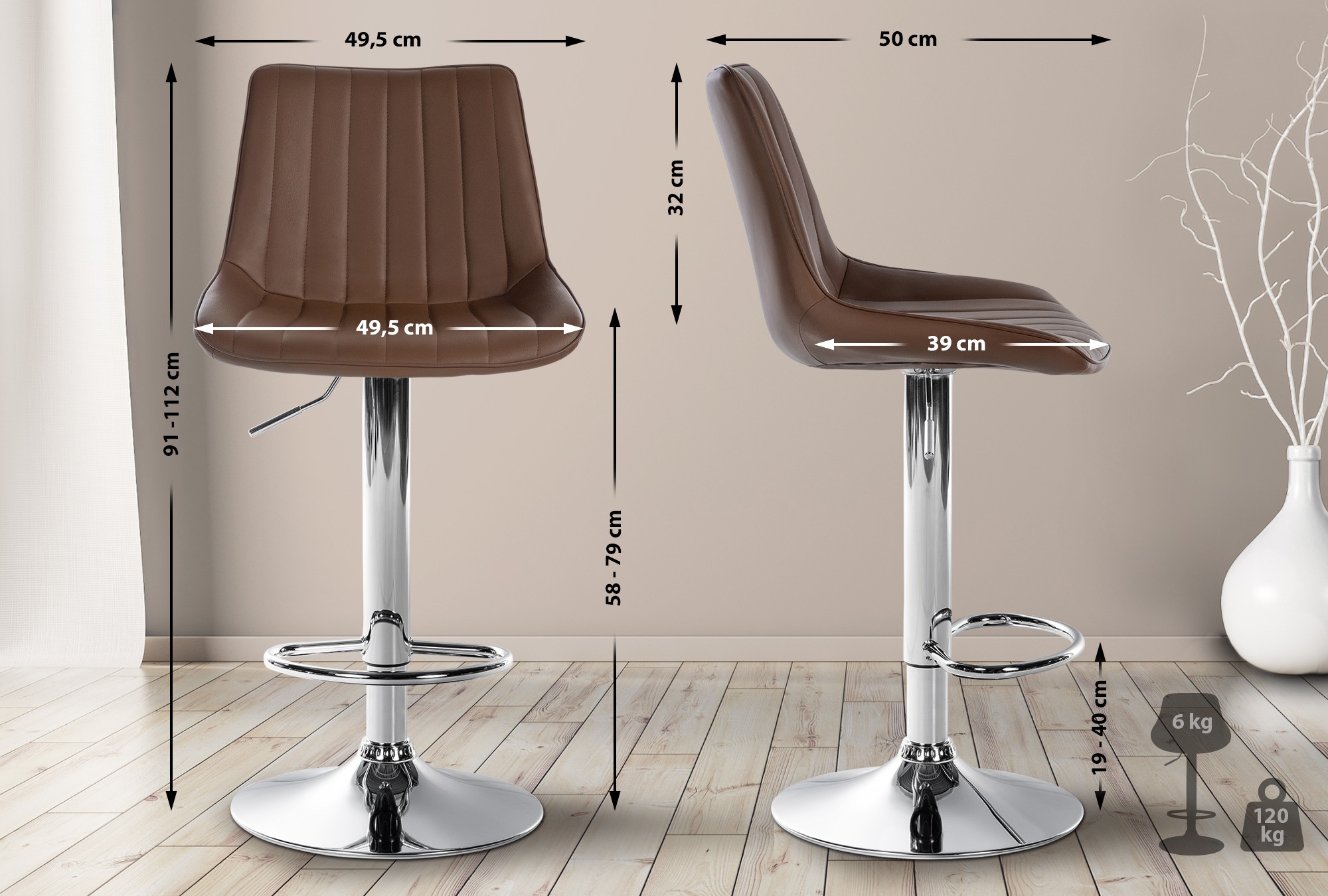 2er Set Barhocker Toni Kunstleder Metall in Chromoptik braun