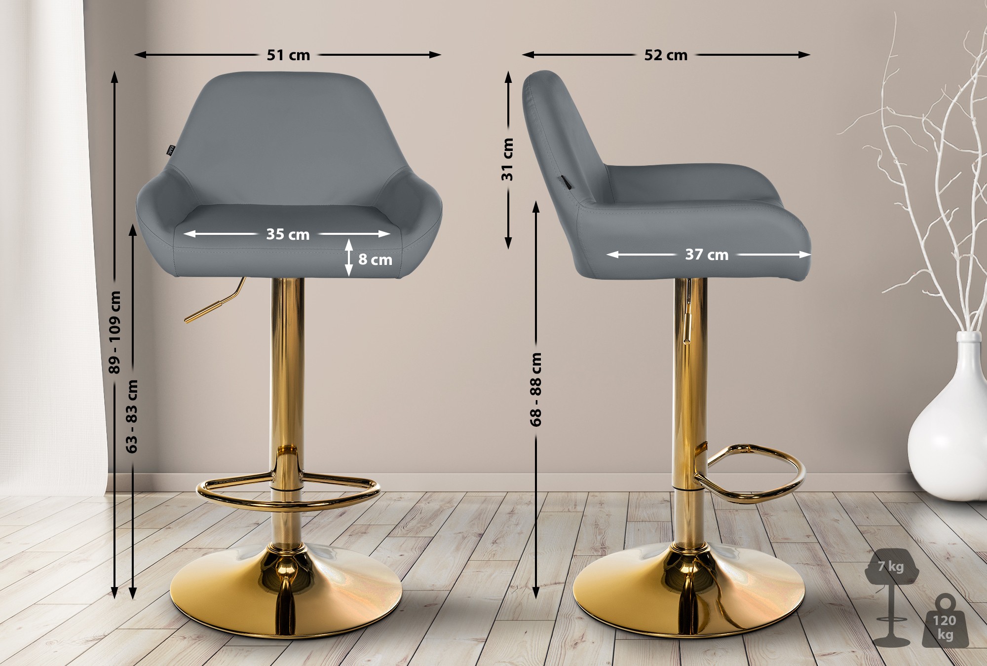 2er Set Barhocker Braga Gold Kunstleder grau
