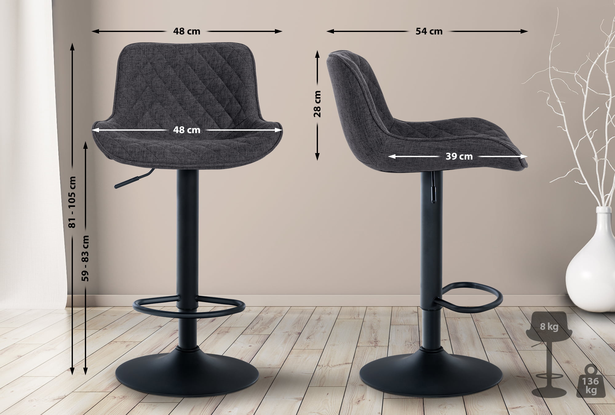 FURNIFY® 2er Set Barhocker LIVA | Höhenverstellbarer FURNIFY® 2er Set Barhocker LIVA | Höhenverstellbarer