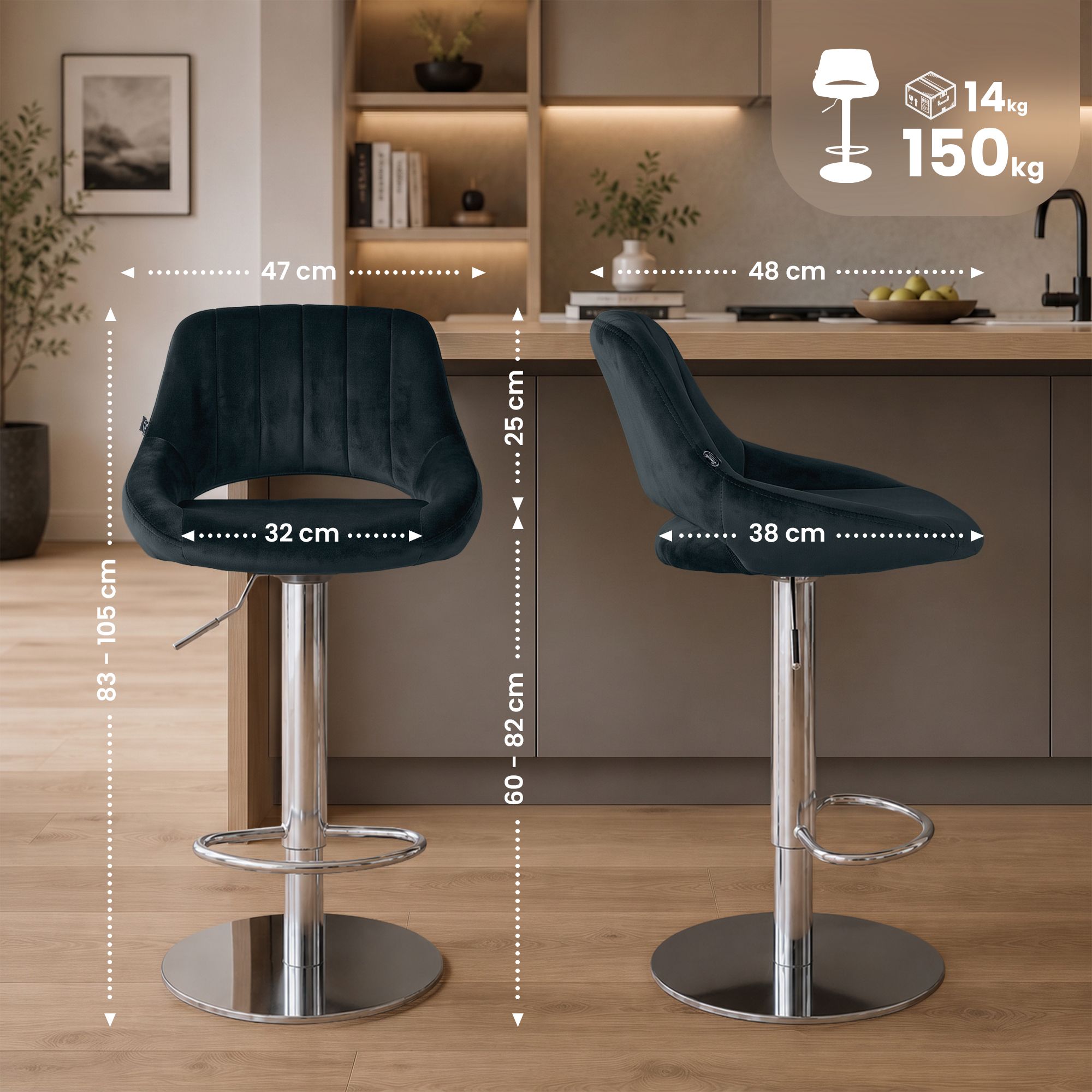2er Set Barhocker Milet Chrom mit extra schweren Standfüßen