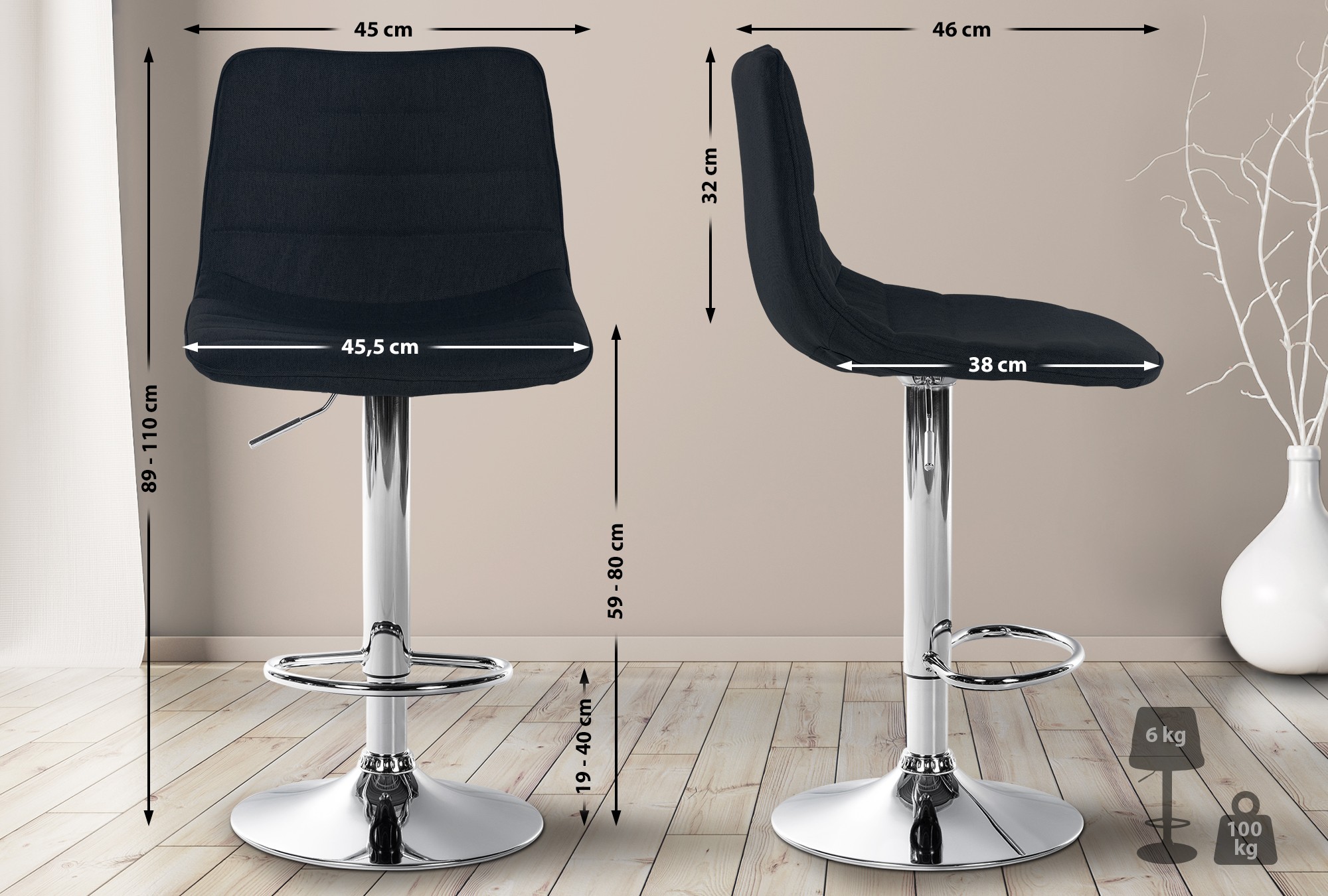 Barhocker Lex Stoff schwarz chrom