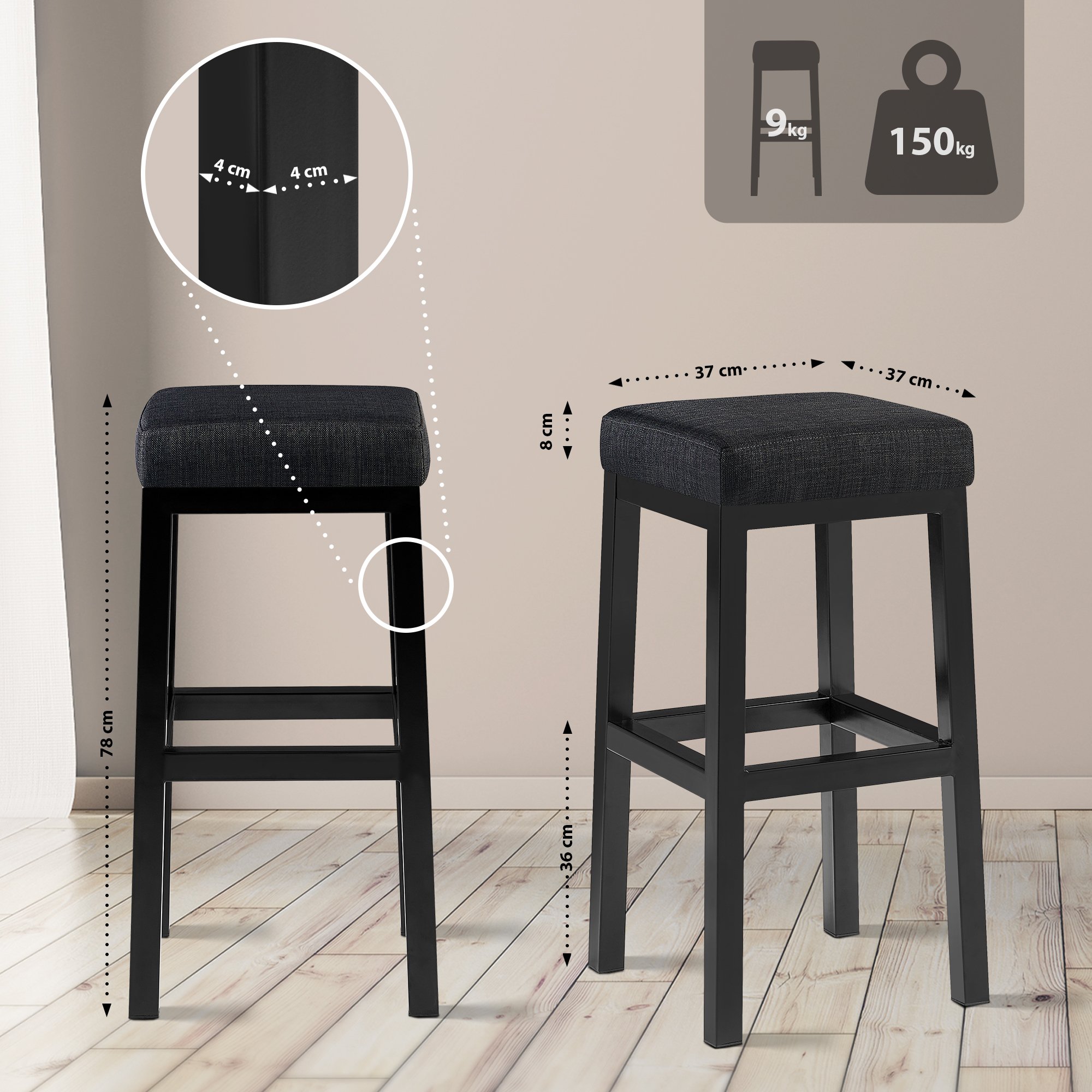 Barhocker Taylor Stoffbezug Sitzhöhe 78 cm Metallgestell schwarz