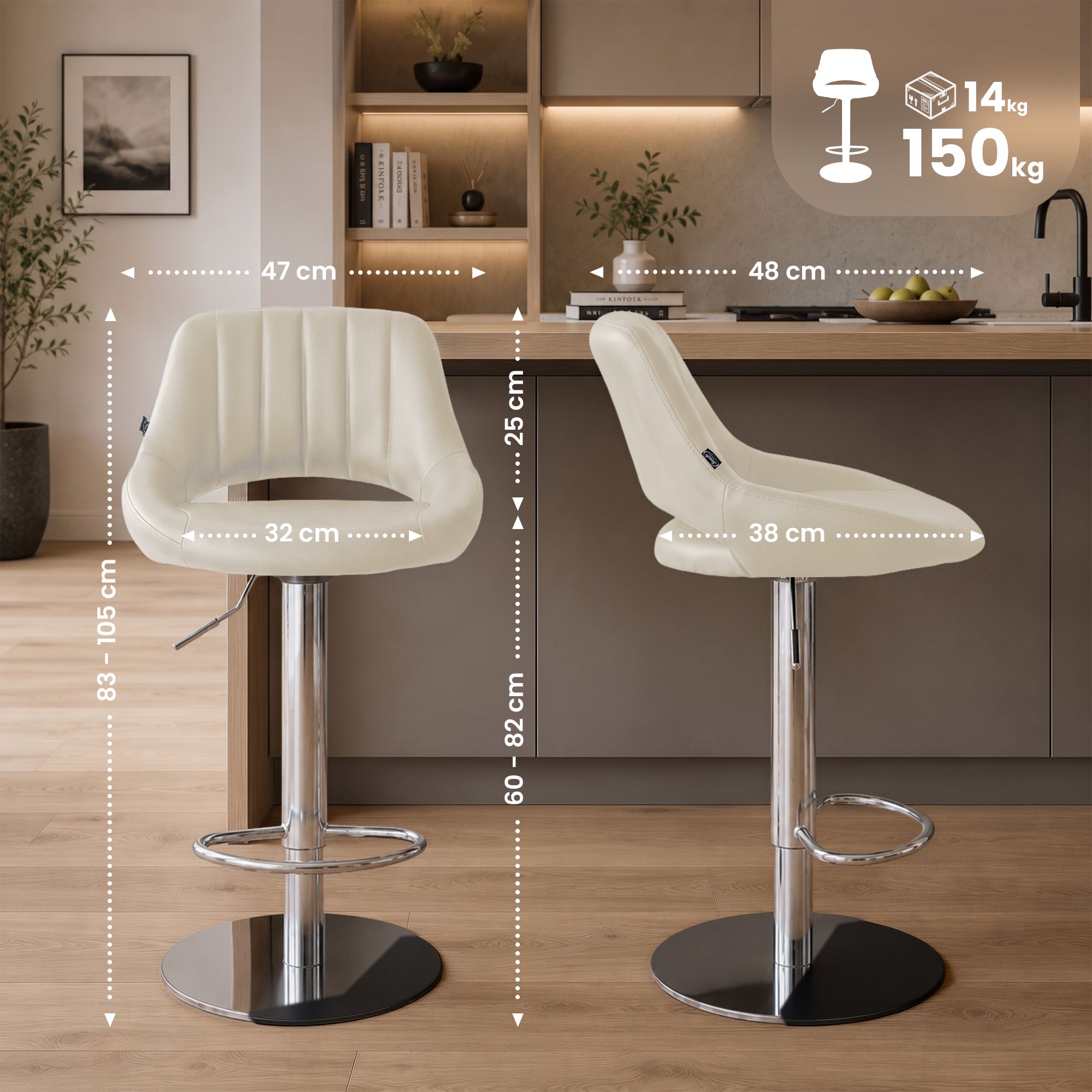 2er Set Barhocker Milet Chrom mit extra schweren Standfüßen creme Kunstleder