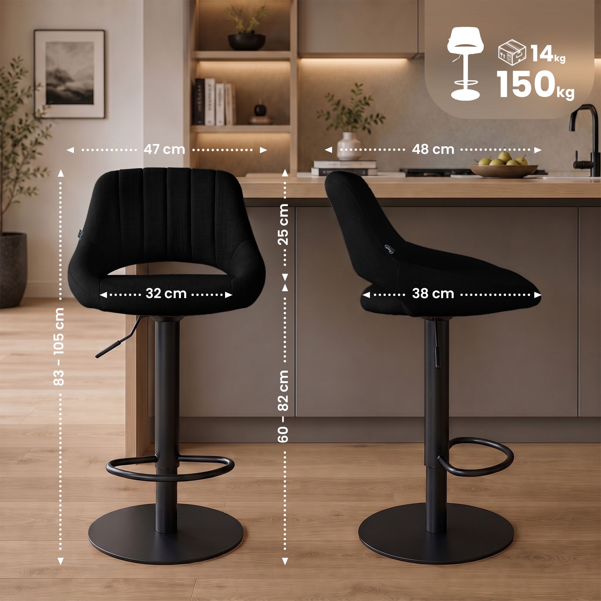 2er Set Barhocker Milet Schwarz mit extra schweren Standfüßen schwarz Stoff