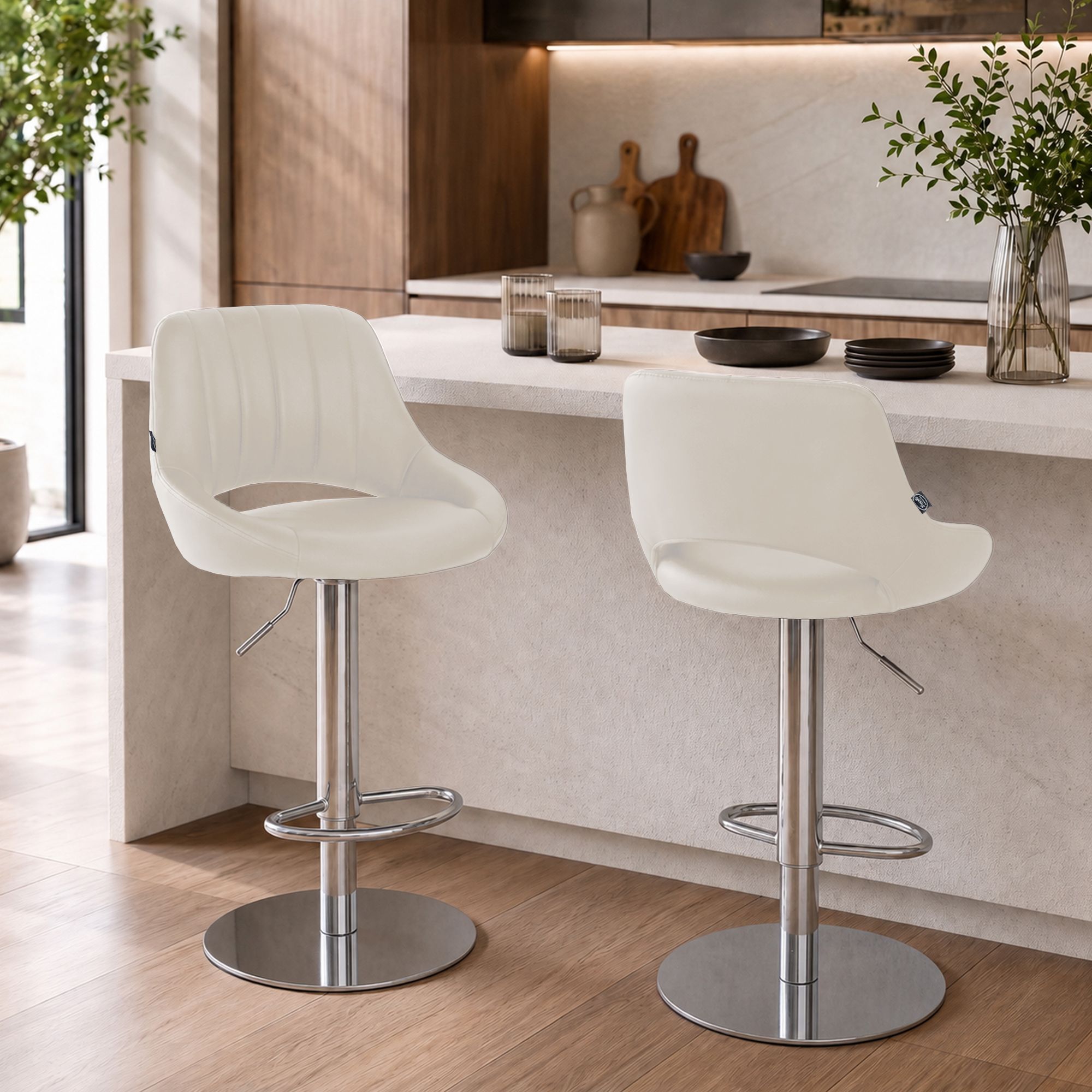 2er Set Barhocker Milet Chrom mit extra schweren Standfüßen creme Kunstleder