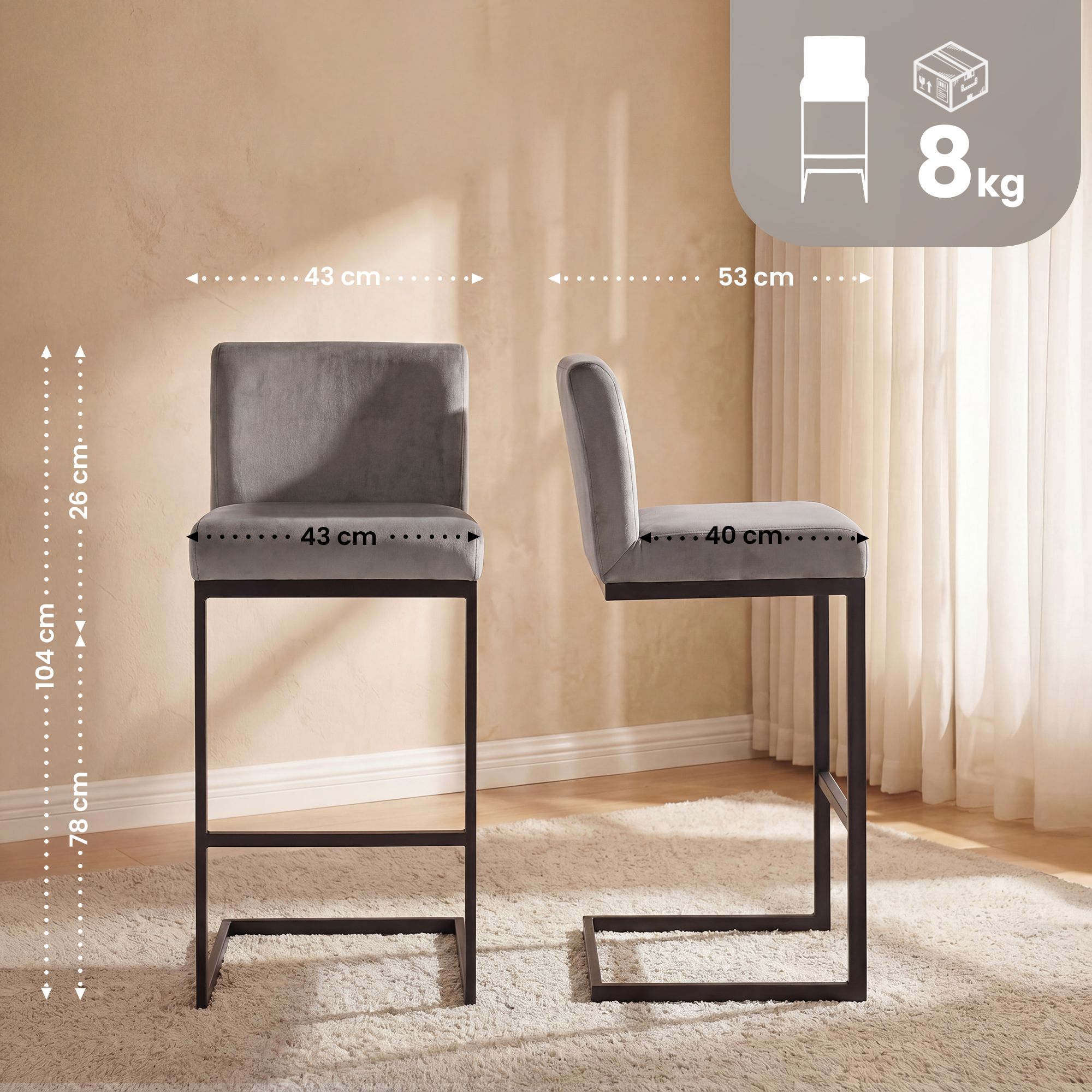 2er Set Barhocker Hopewell Samt grau