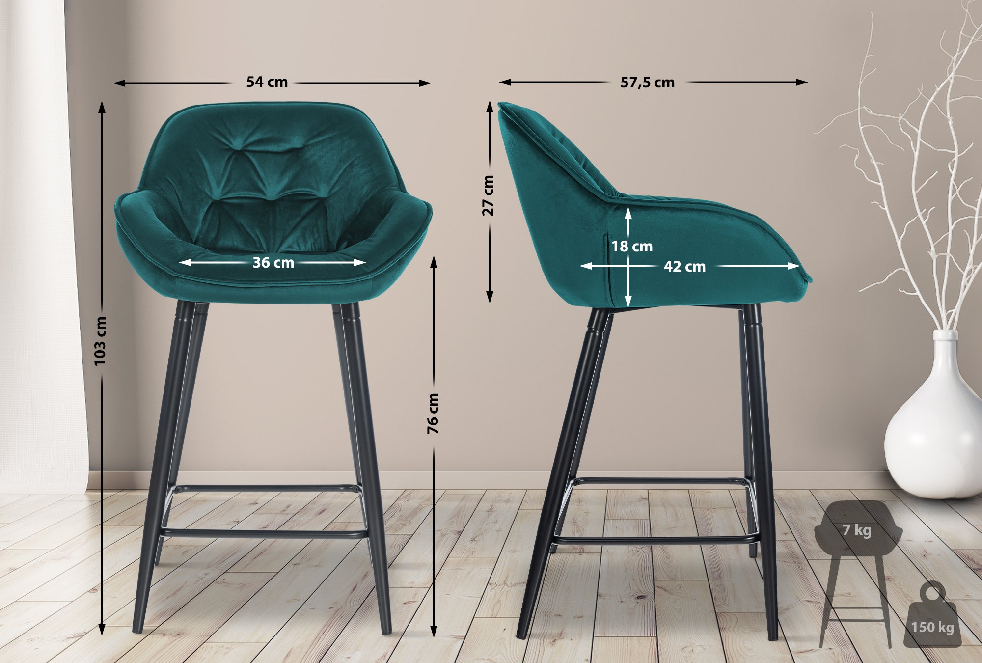 2er Set Barhocker Gibson Samt Sitzhöhe 76 cm