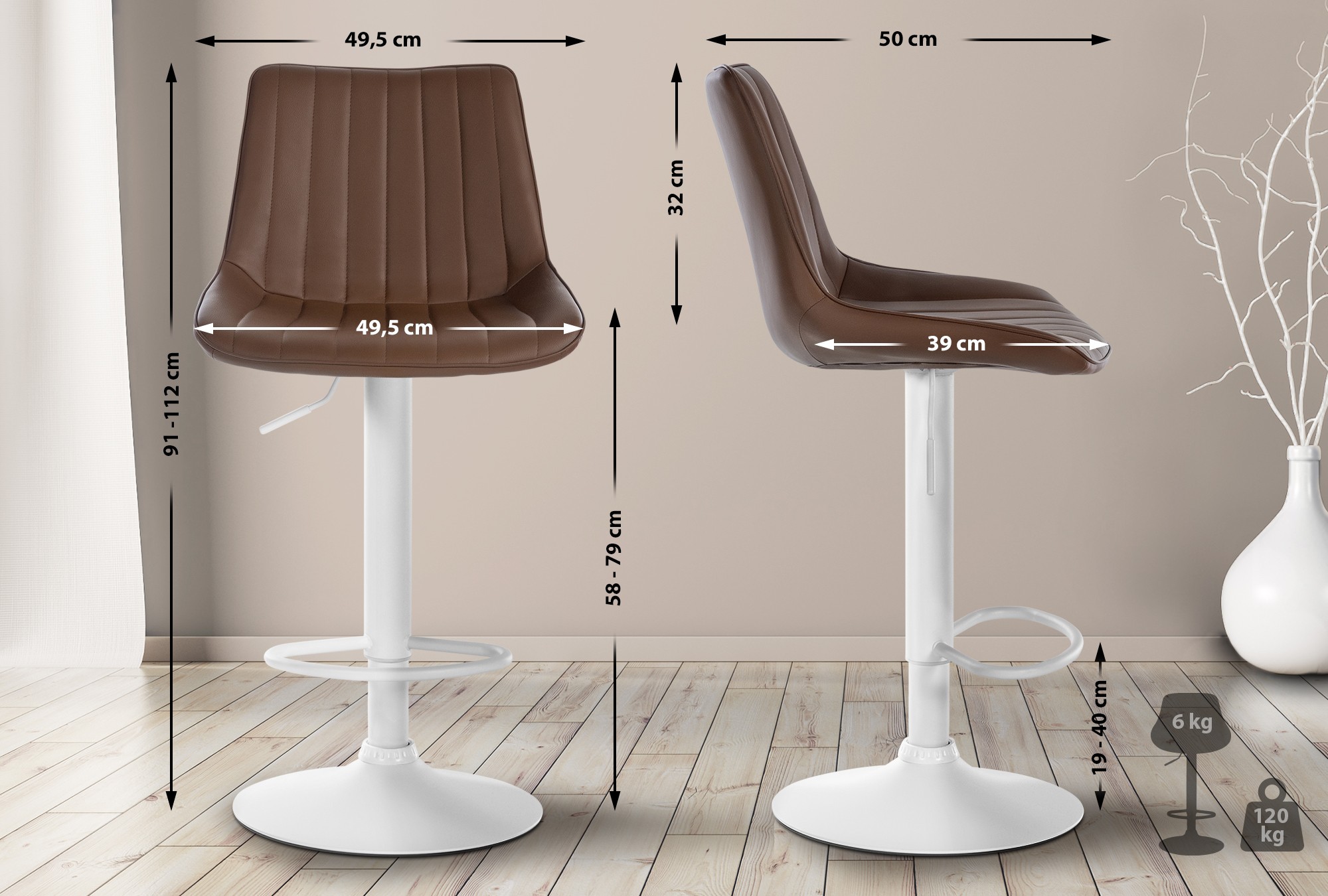 2er Set Barhocker Toni Kunstleder Metall matt weiss braun