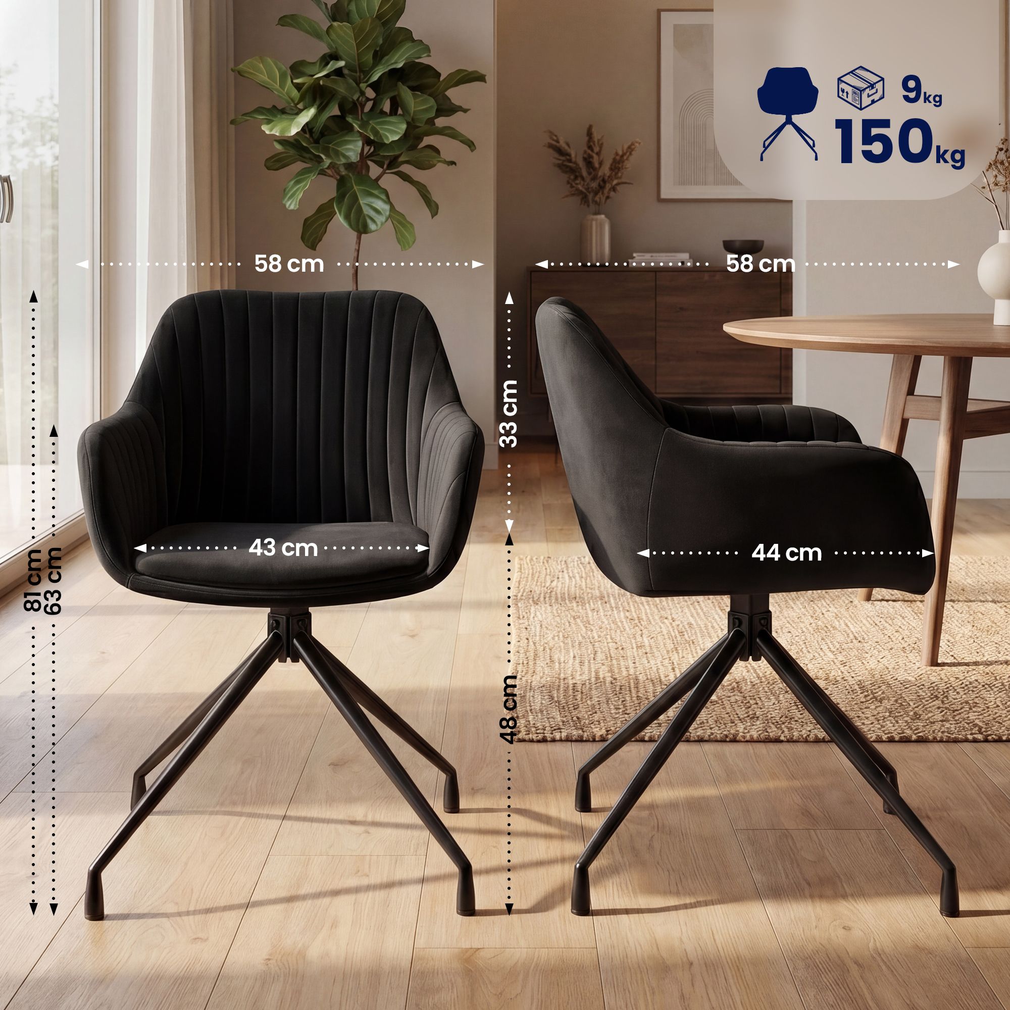 2er Set Esszimmerstühle Novanis schwarz Samt