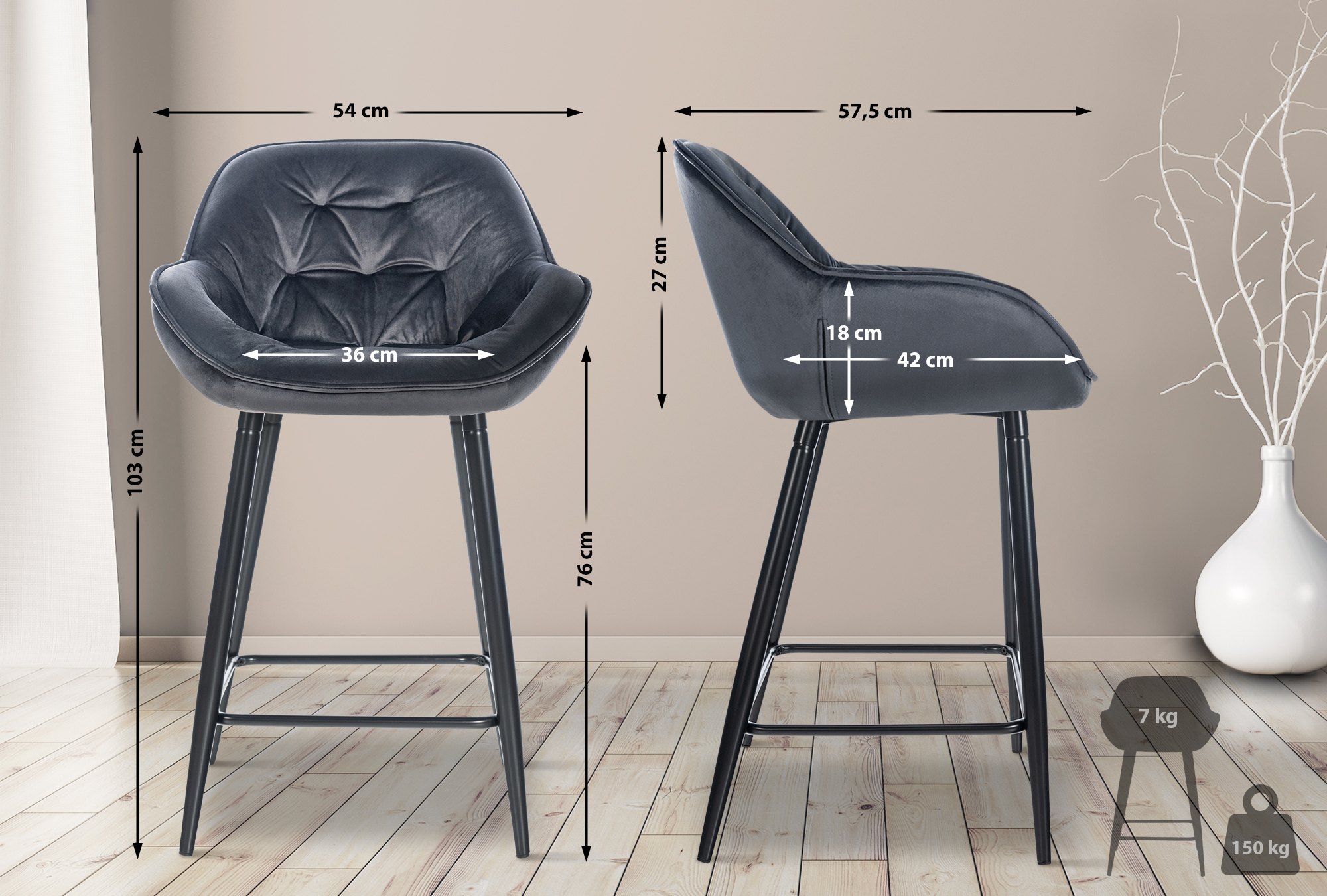 2er Set Barhocker Gibson Samt Sitzhöhe 76 cm