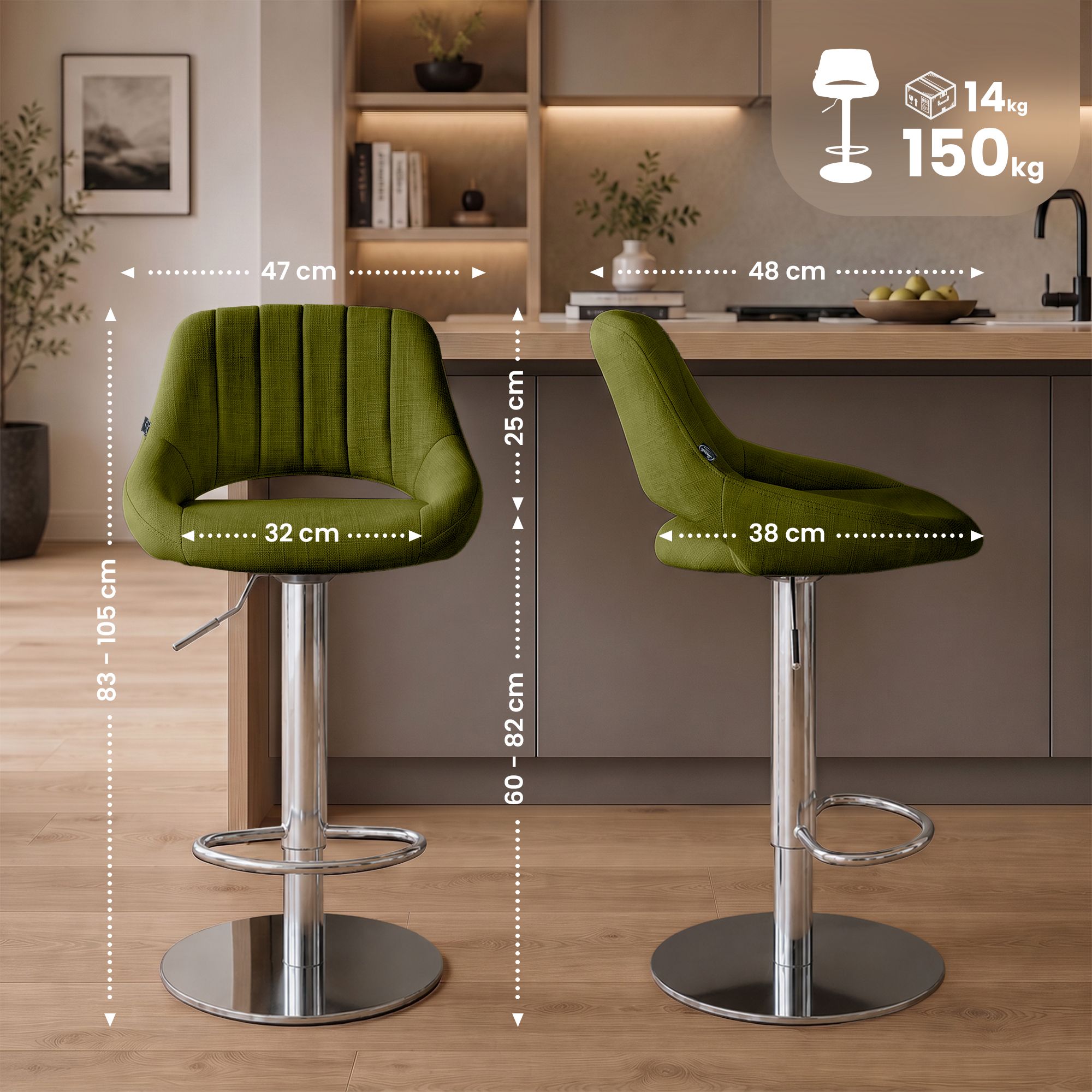 2er Set Barhocker Milet Chrom mit extra schweren Standfüßen