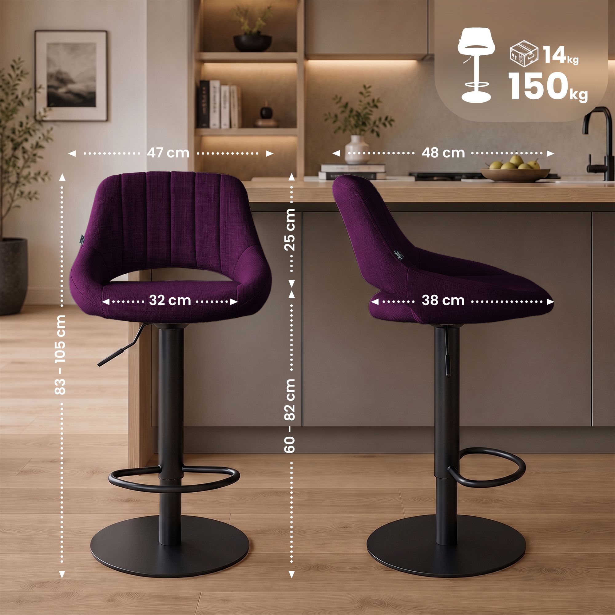 2er Set Barhocker Milet Schwarz mit extra schweren Standfüßen