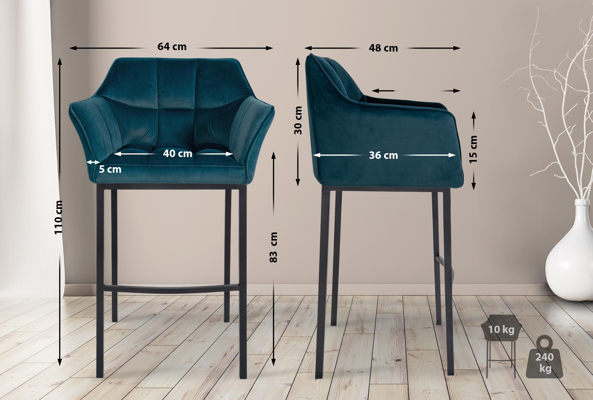 2er Set Barhocker Damaso Samt mit Vierfußgestell