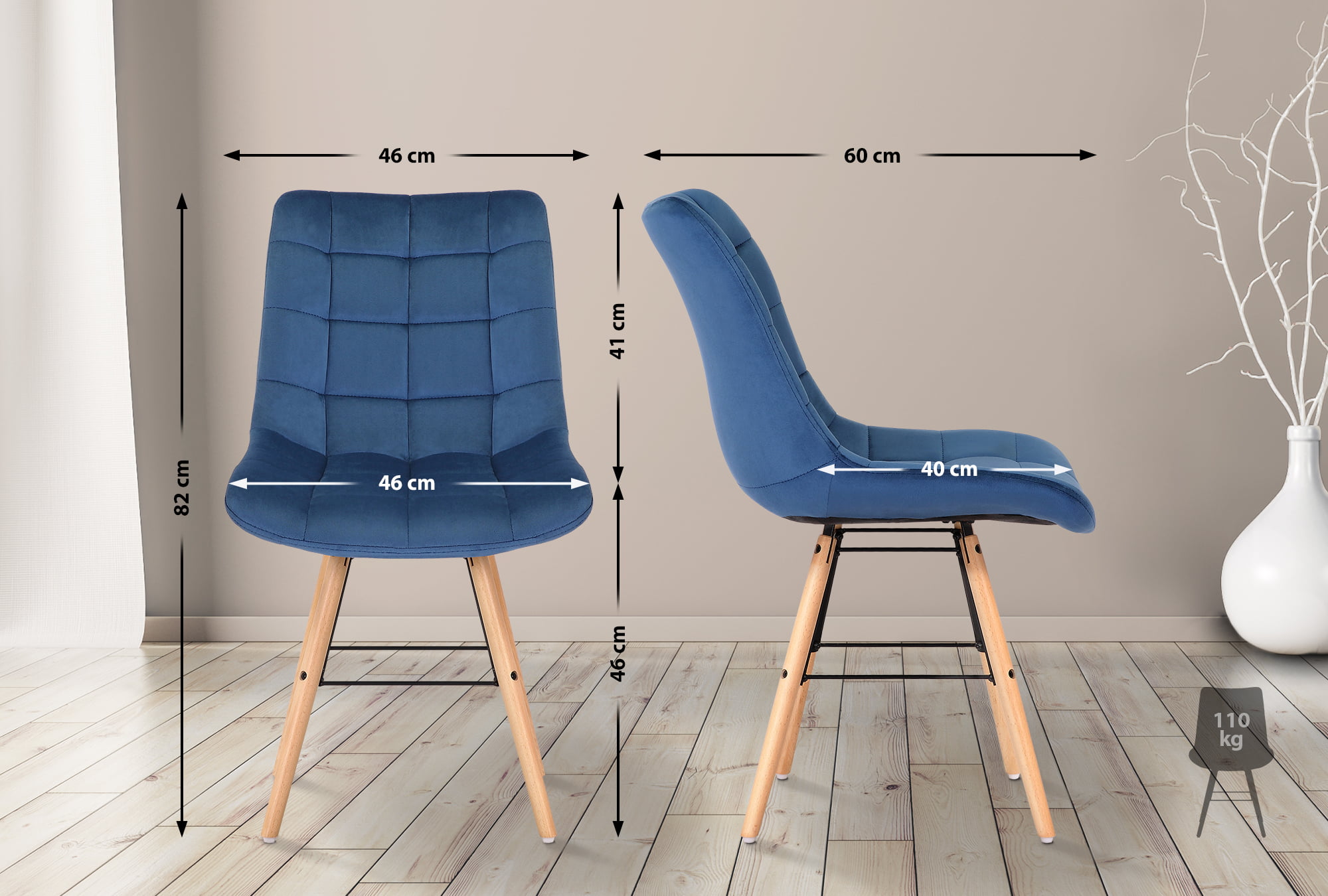 2er Set Esszimmerstühle Leni Samt blau