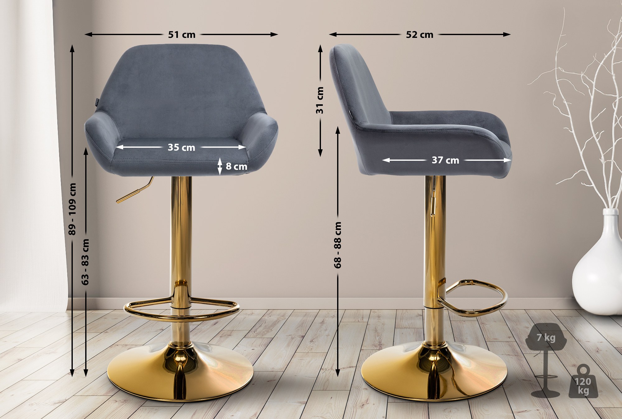2er Set Barhocker Braga Gold Samt