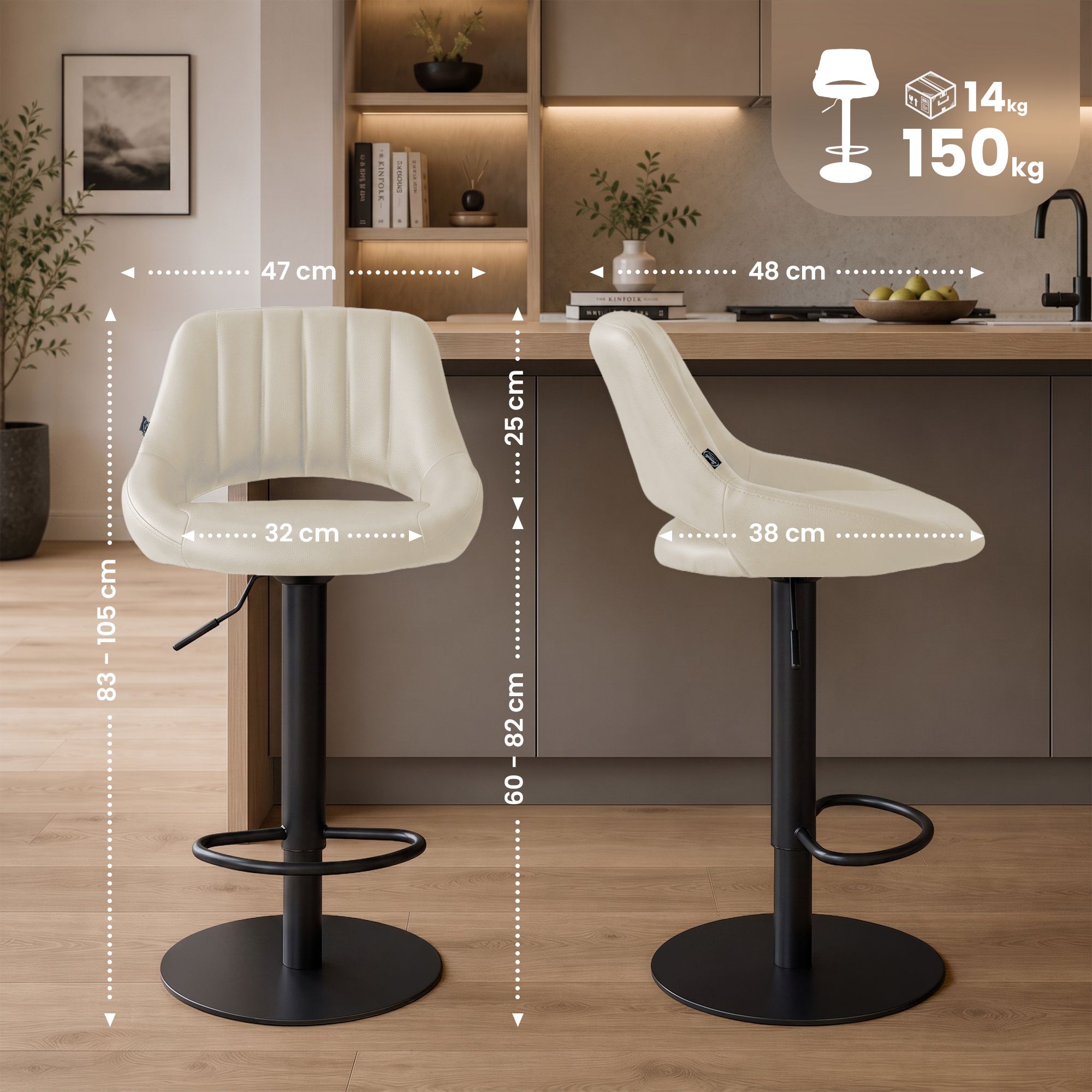 2er Set Barhocker Milet Schwarz mit extra schweren Standfüßen creme Kunstleder
