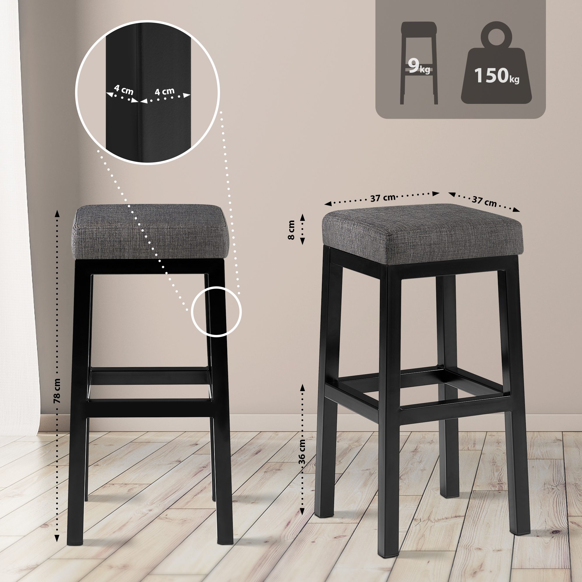 Barhocker Taylor Stoffbezug Sitzhöhe 78 cm Metallgestell schwarz