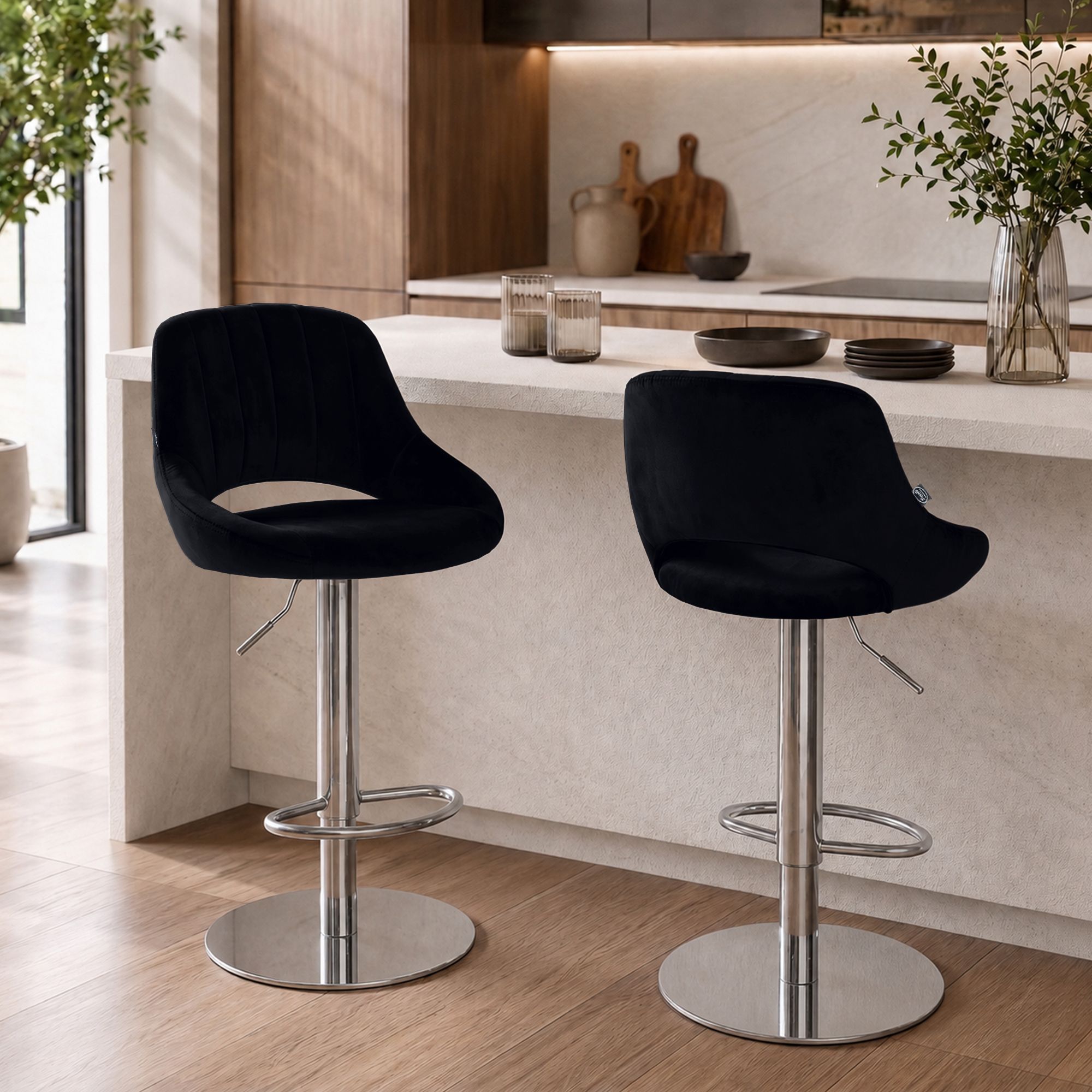 2er Set Barhocker Milet Chrom mit extra schweren Standfüßen schwarz Samt
