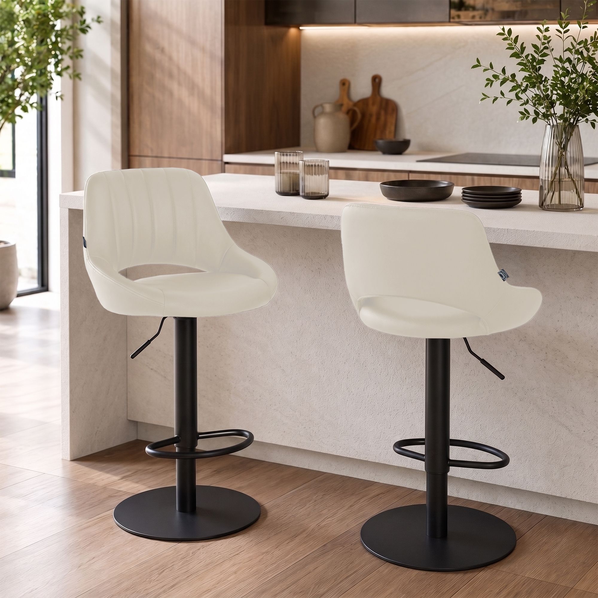 Barhocker Milet Schwarz mit extra schwerem Standfuß creme Kunstleder
