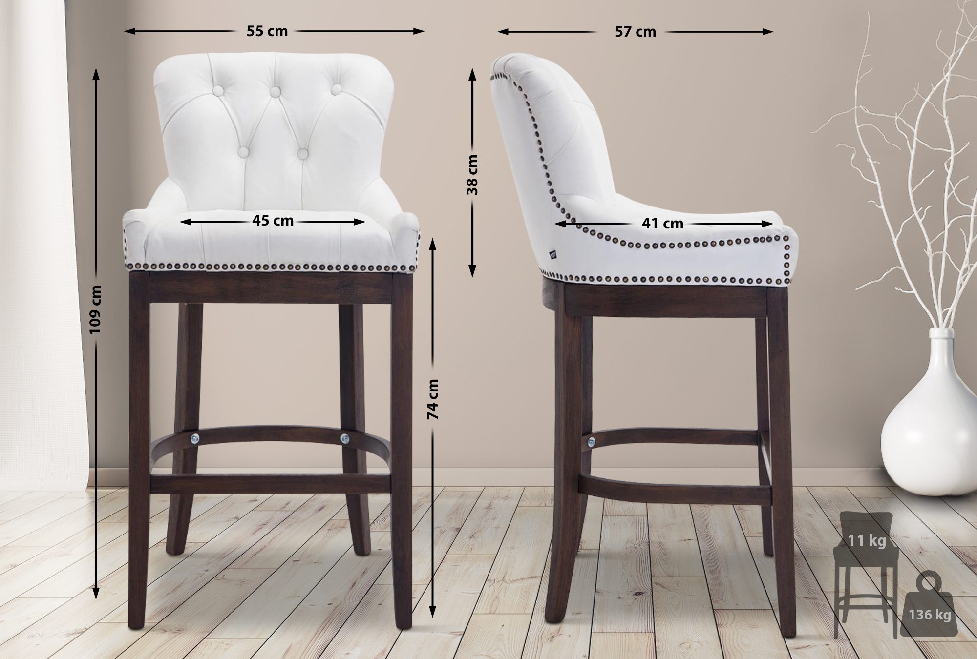 Barhocker Lakewood Echtleder, Antik-dunkel weiß