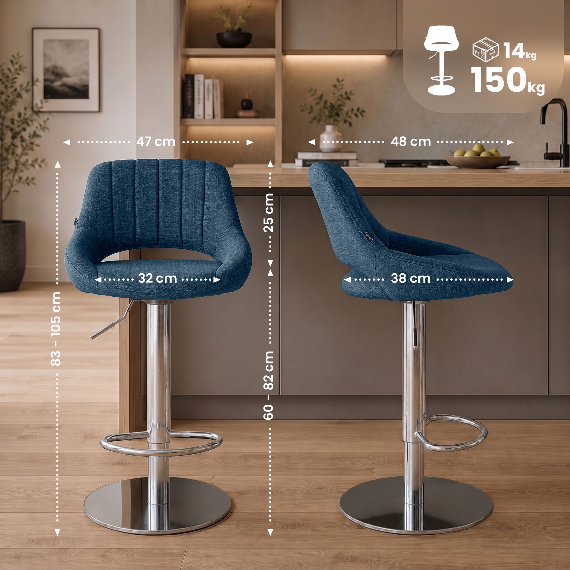 2er Set Barhocker Milet Chrom mit extra schweren Standfüßen blau Stoff