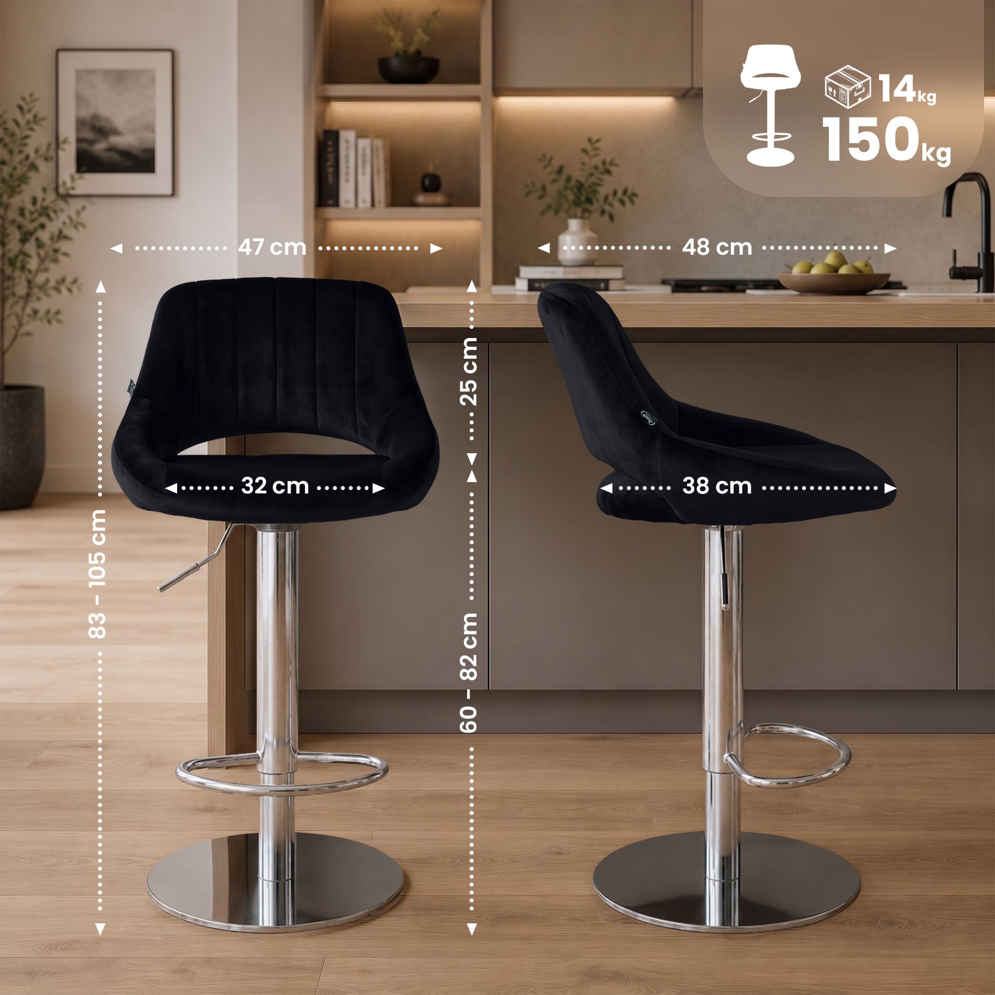 2er Set Barhocker Milet Chrom mit extra schweren Standfüßen schwarz Samt