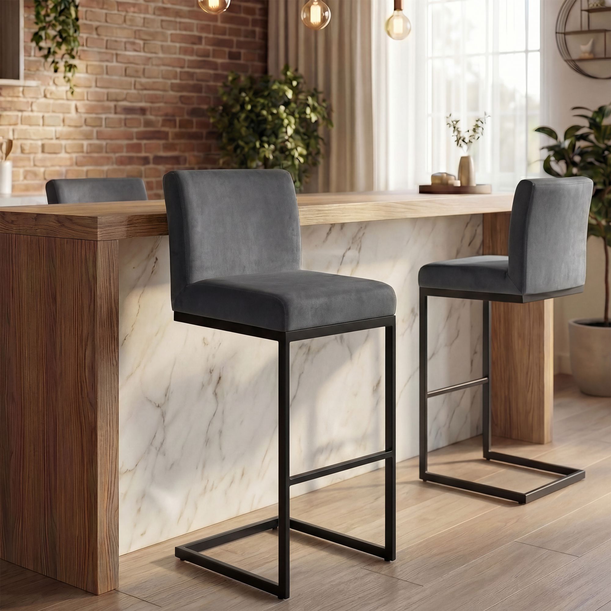 2er Set Barhocker Hopewell Samt dunkelgrau