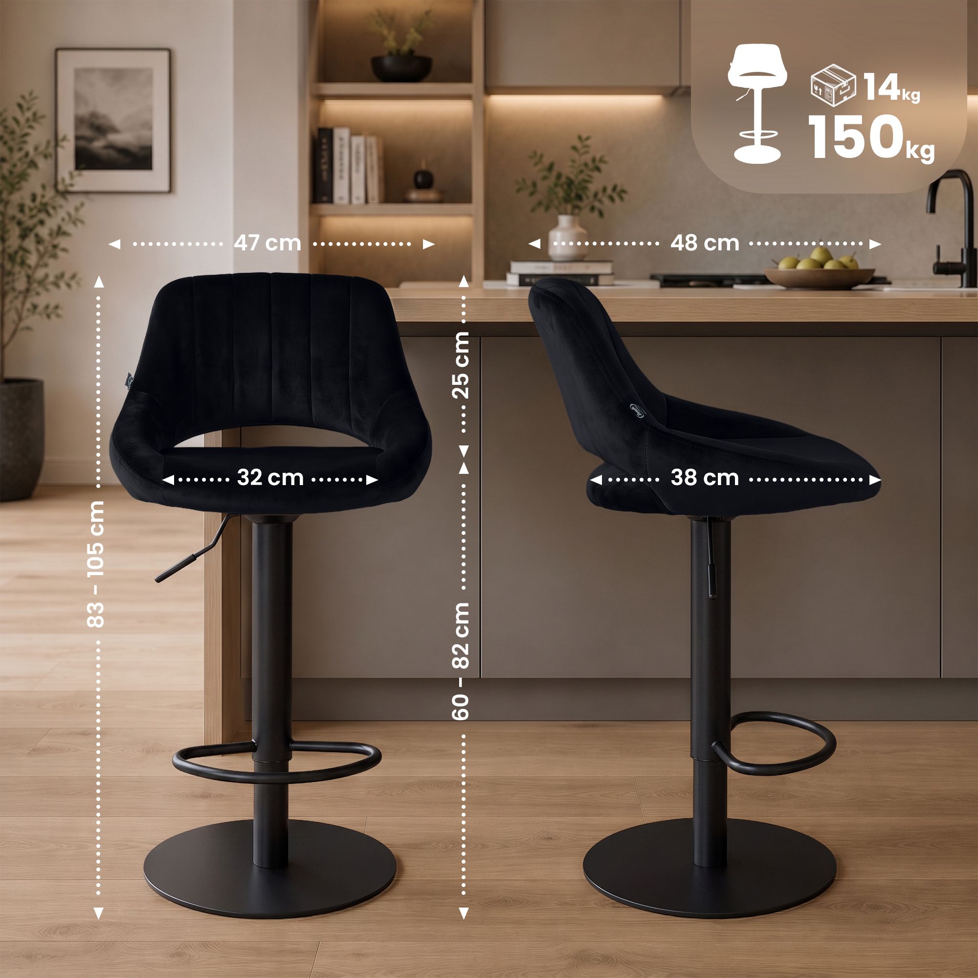 2er Set Barhocker Milet Schwarz mit extra schweren Standfüßen schwarz Samt