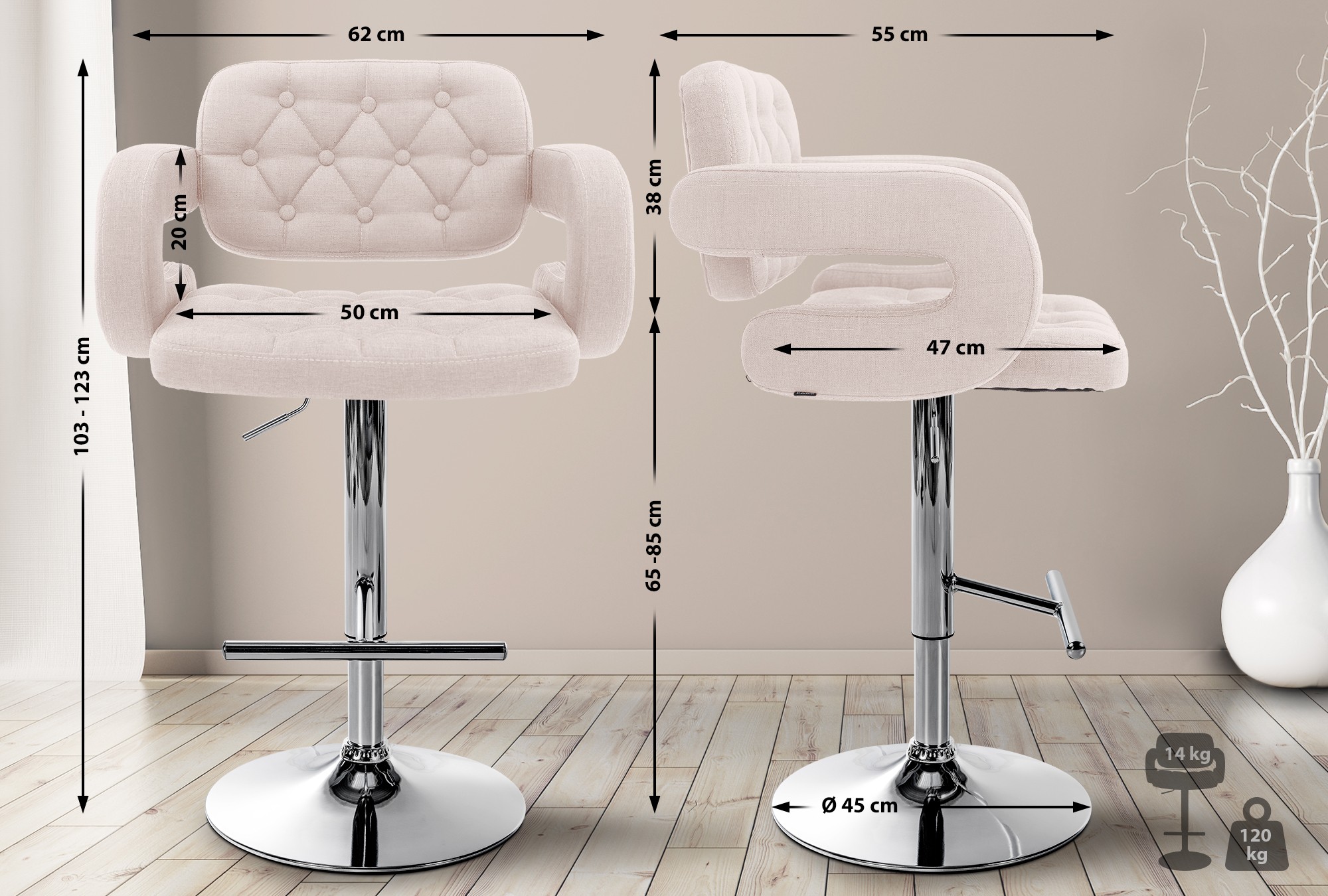 Barhocker Dublin Stoff beige chrom