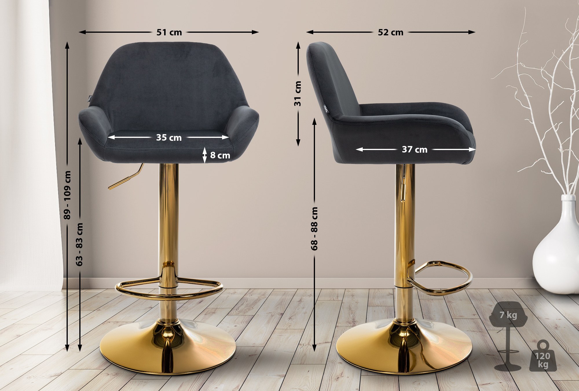2er Set Barhocker Braga Gold Samt