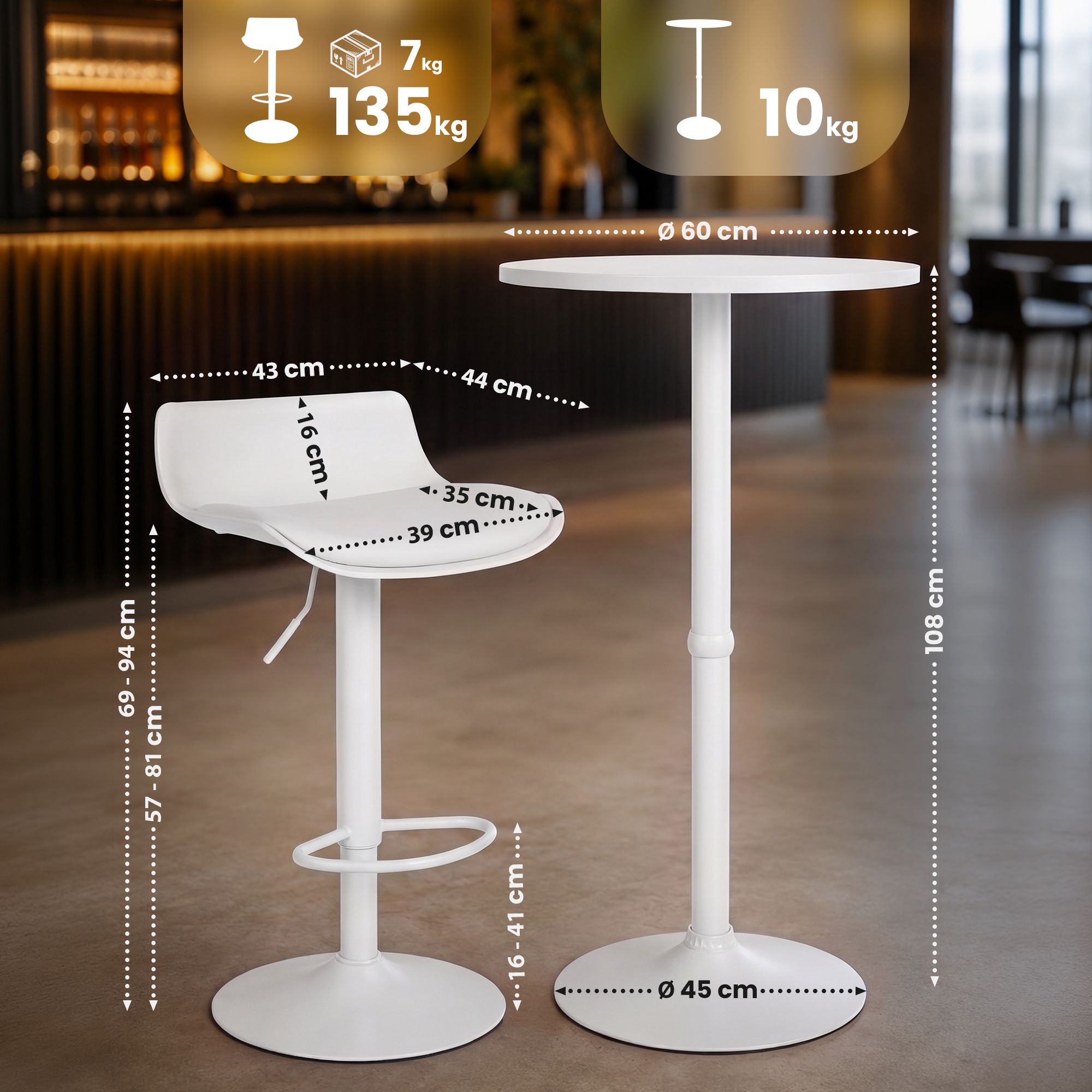 Bartisch-Set Navo mit zwei Barhockern in Lederoptik weiß