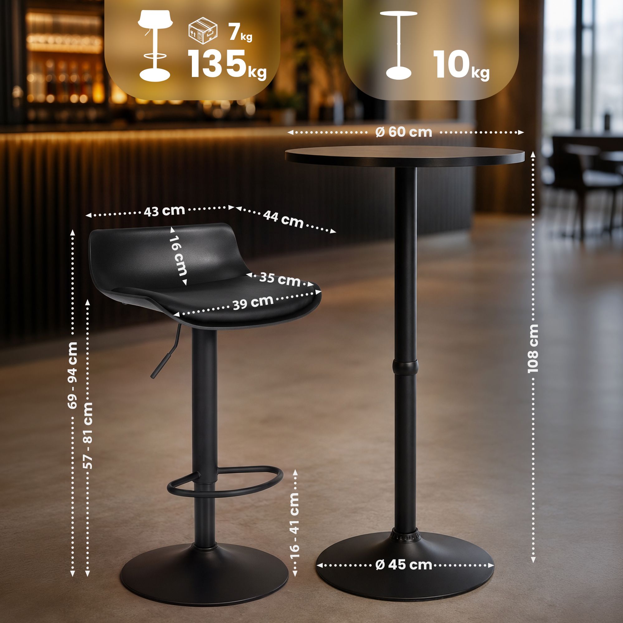 Bartisch-Set Navo mit zwei Barhockern in Lederoptik schwarz