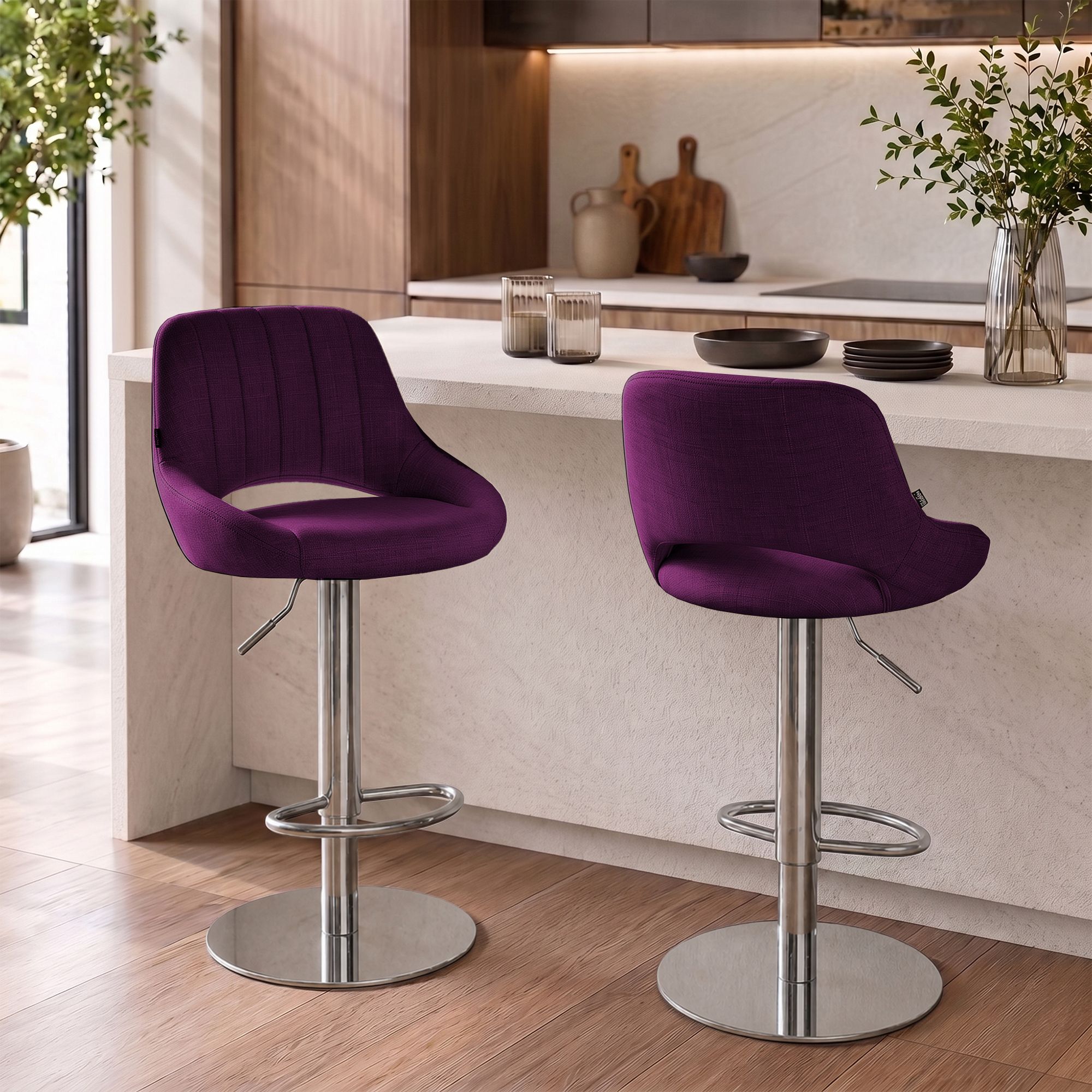 2er Set Barhocker Milet Chrom mit extra schweren Standfüßen lila Stoff