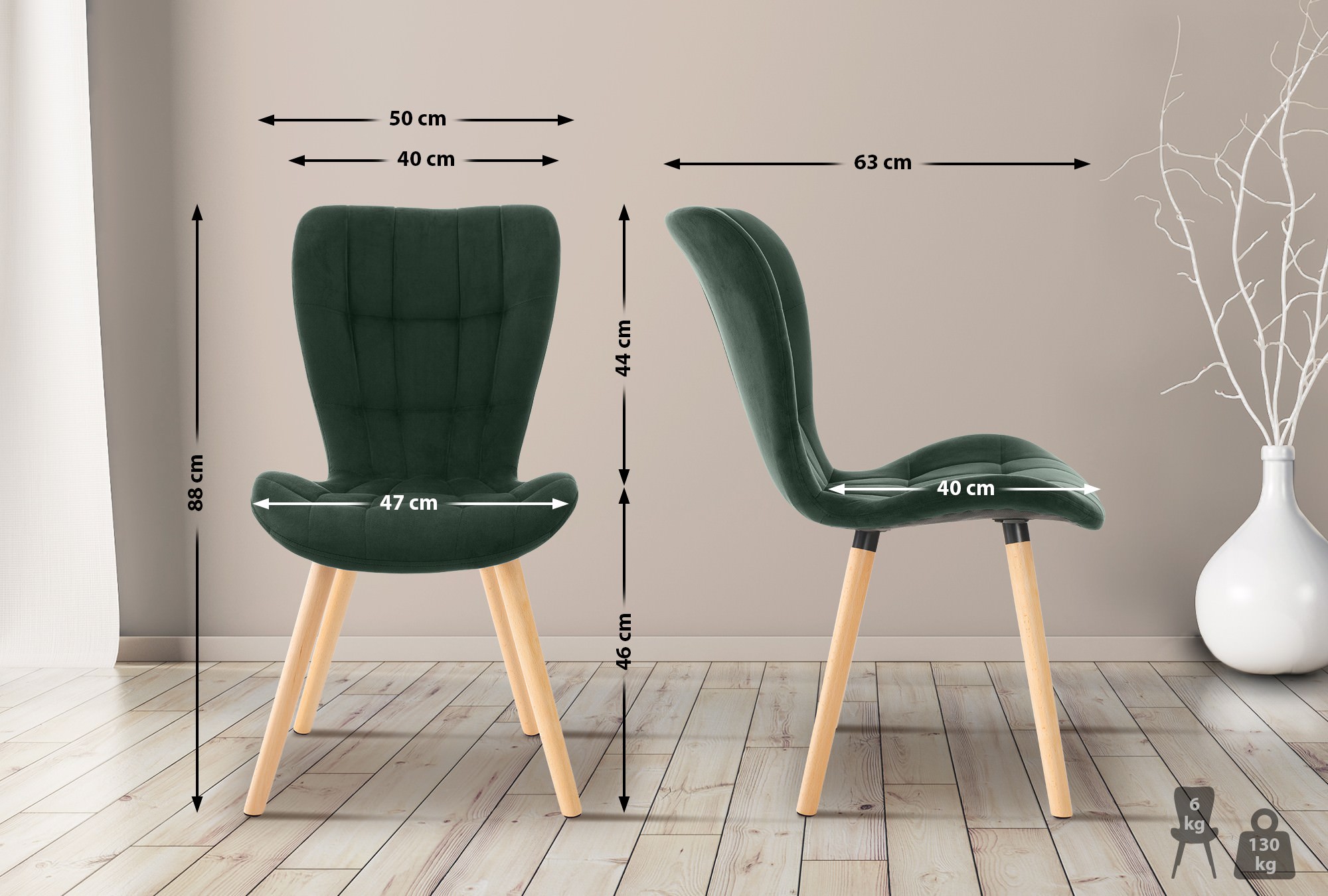 2er Set Esszimmerstuhl Elda grün Samt
